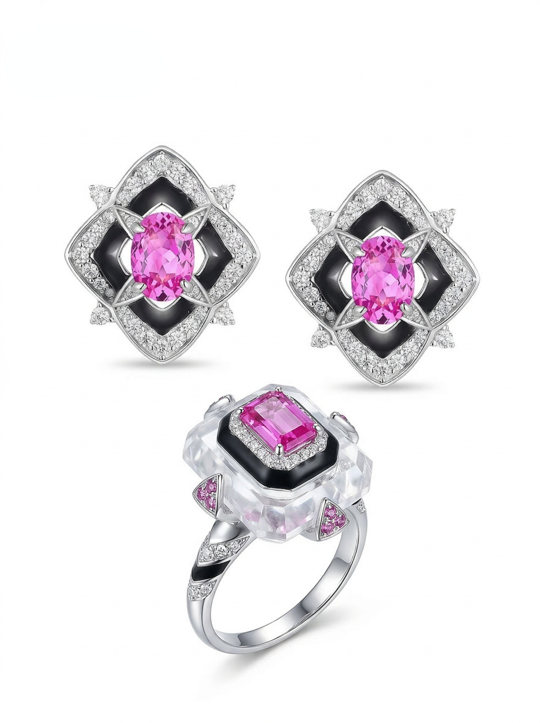 French-style romanticist diamond-embossed Baroque pink diamond enamel earrings 