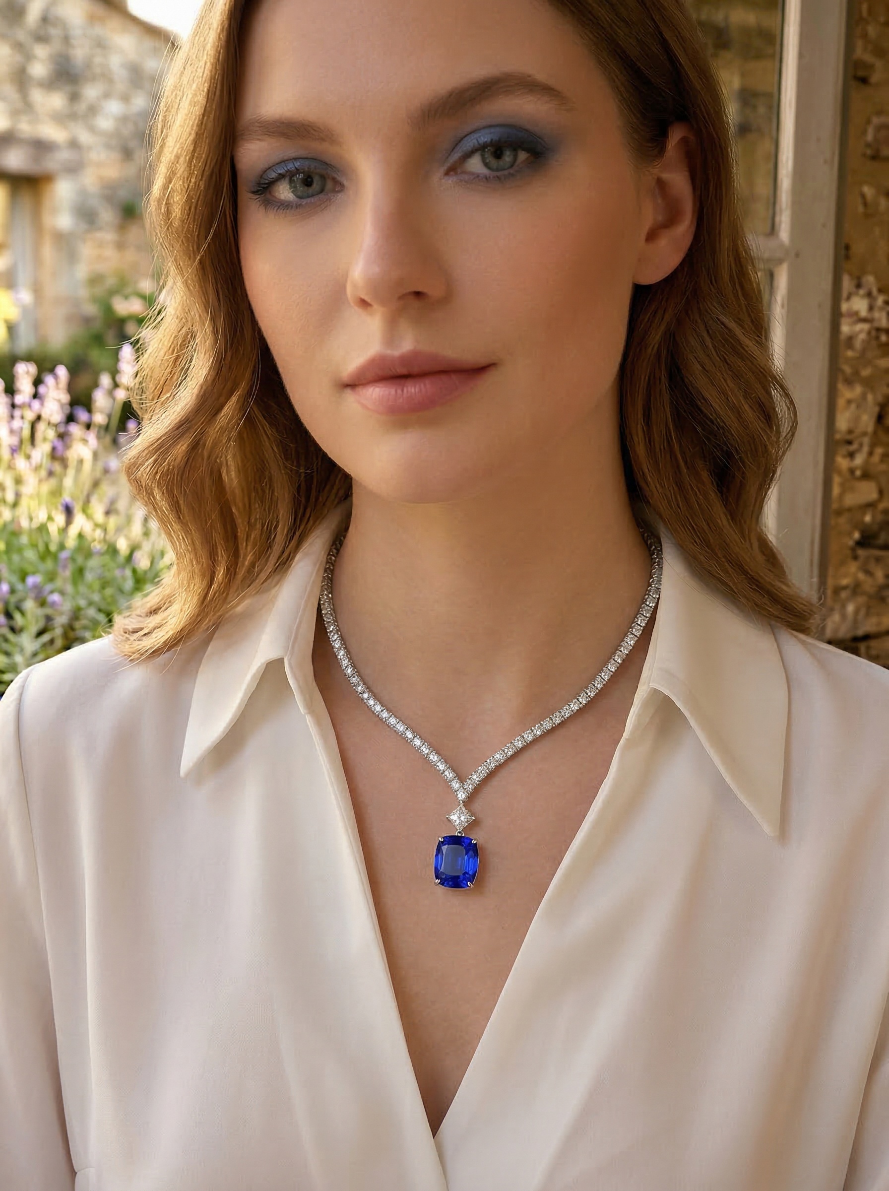 Modern Aesthetic Design Series "Starry Sky" Royal Blue Sapphire Sparkling Deep Sea Blue Waterdrop V-Shape Diamond Chain Pendant 
