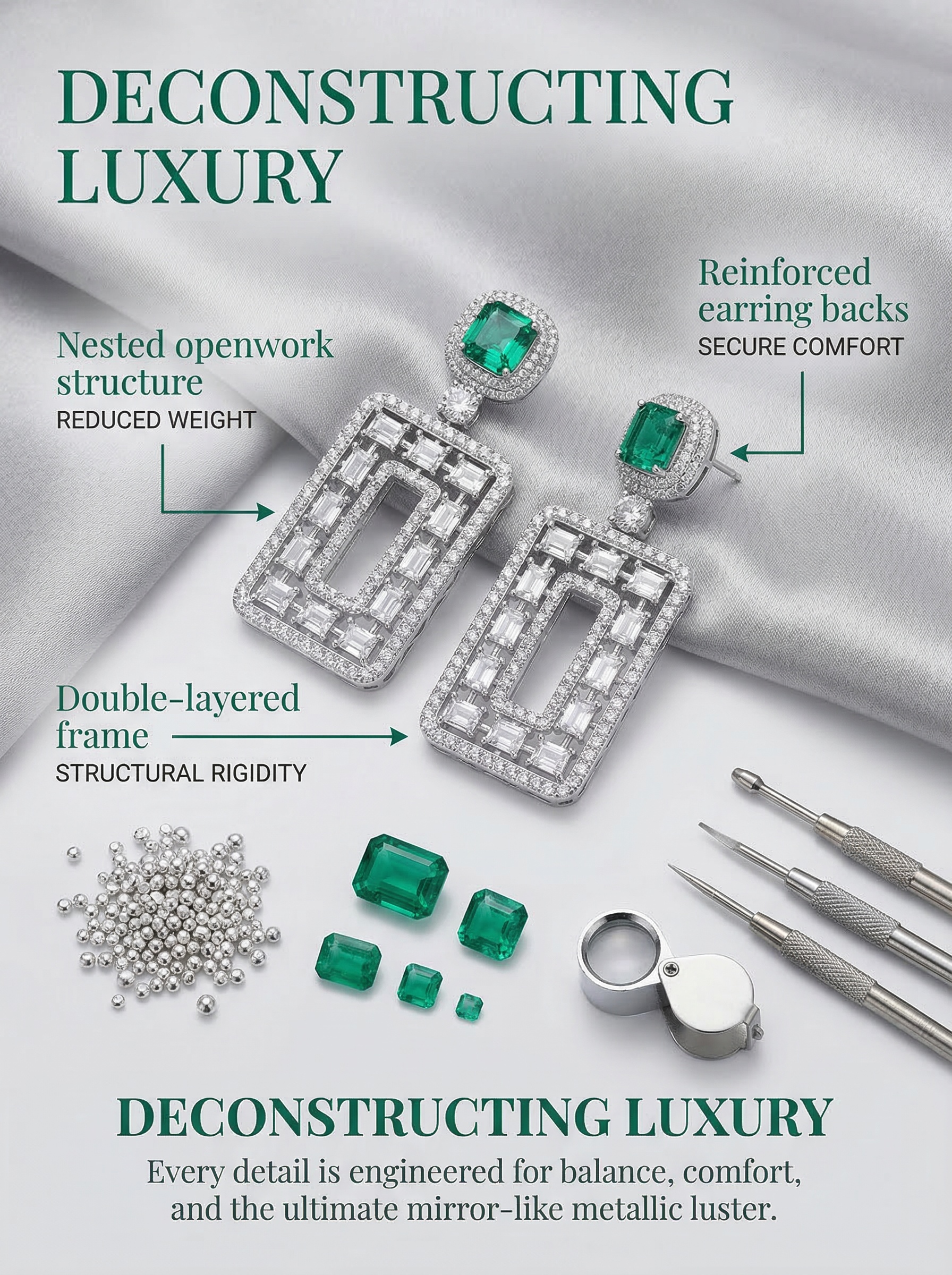 Colombian style classic and noble emerald and sapphire long rectangular stud earrings 