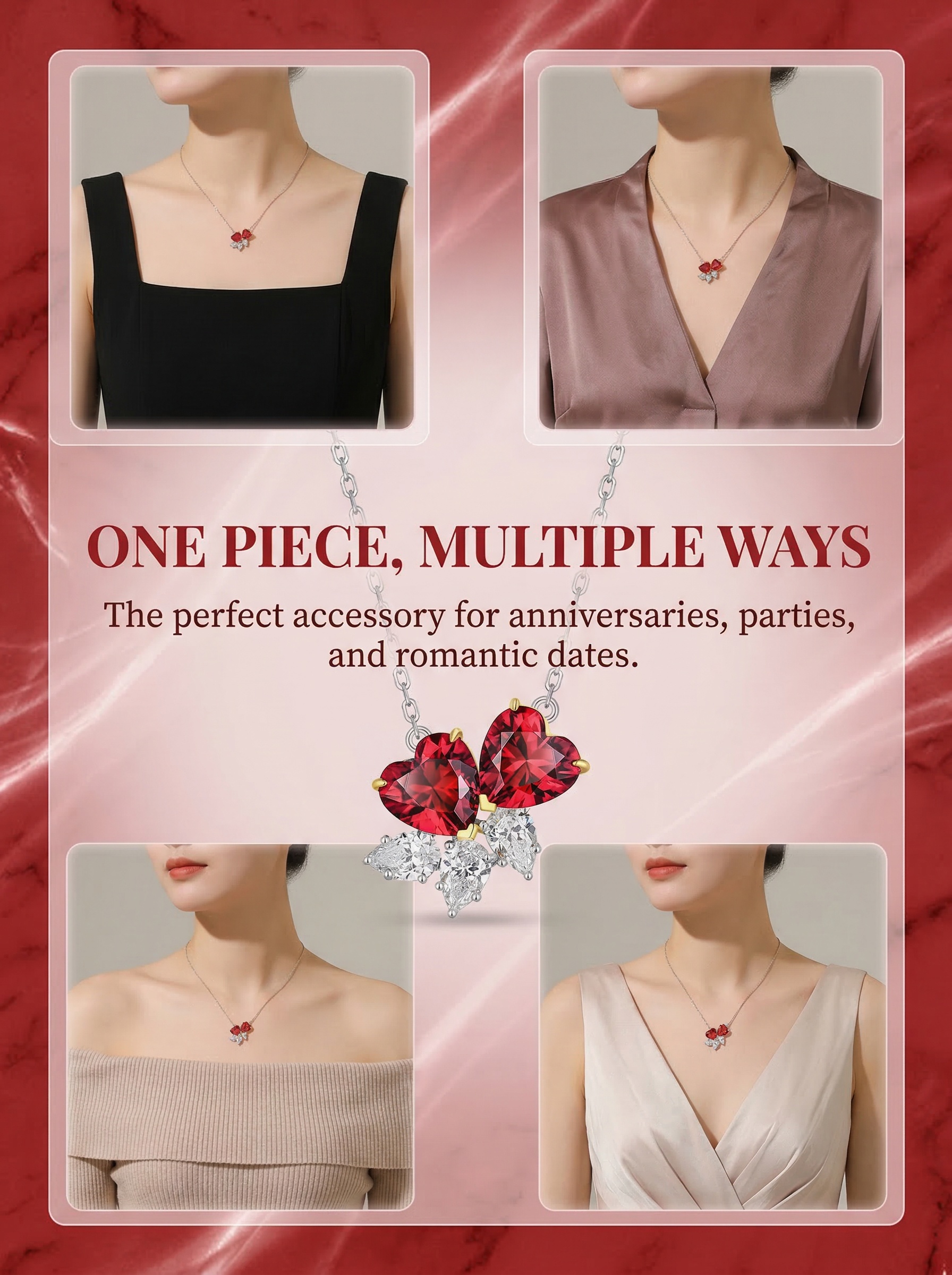 Couple's ideal romanticism double heart ruby zircon pure silver necklace 