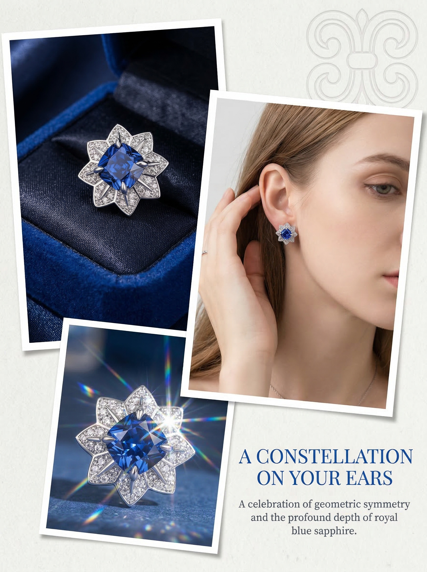 Modern Aesthetic Design Octagonal Star Series Royal Sapphire Natural Brilliant Flower Cluster Earrings 