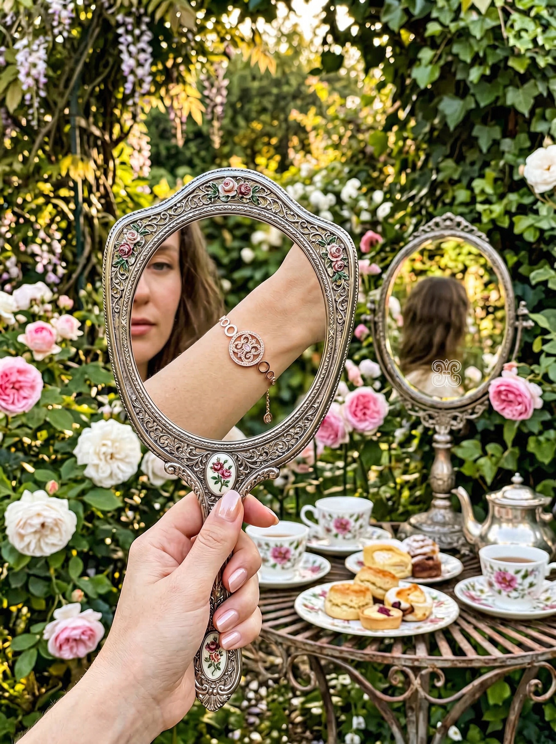 Victoria Court Style Young Princess Pink Rose Gold Hollowed-Out Floral Artistic Bracelet 