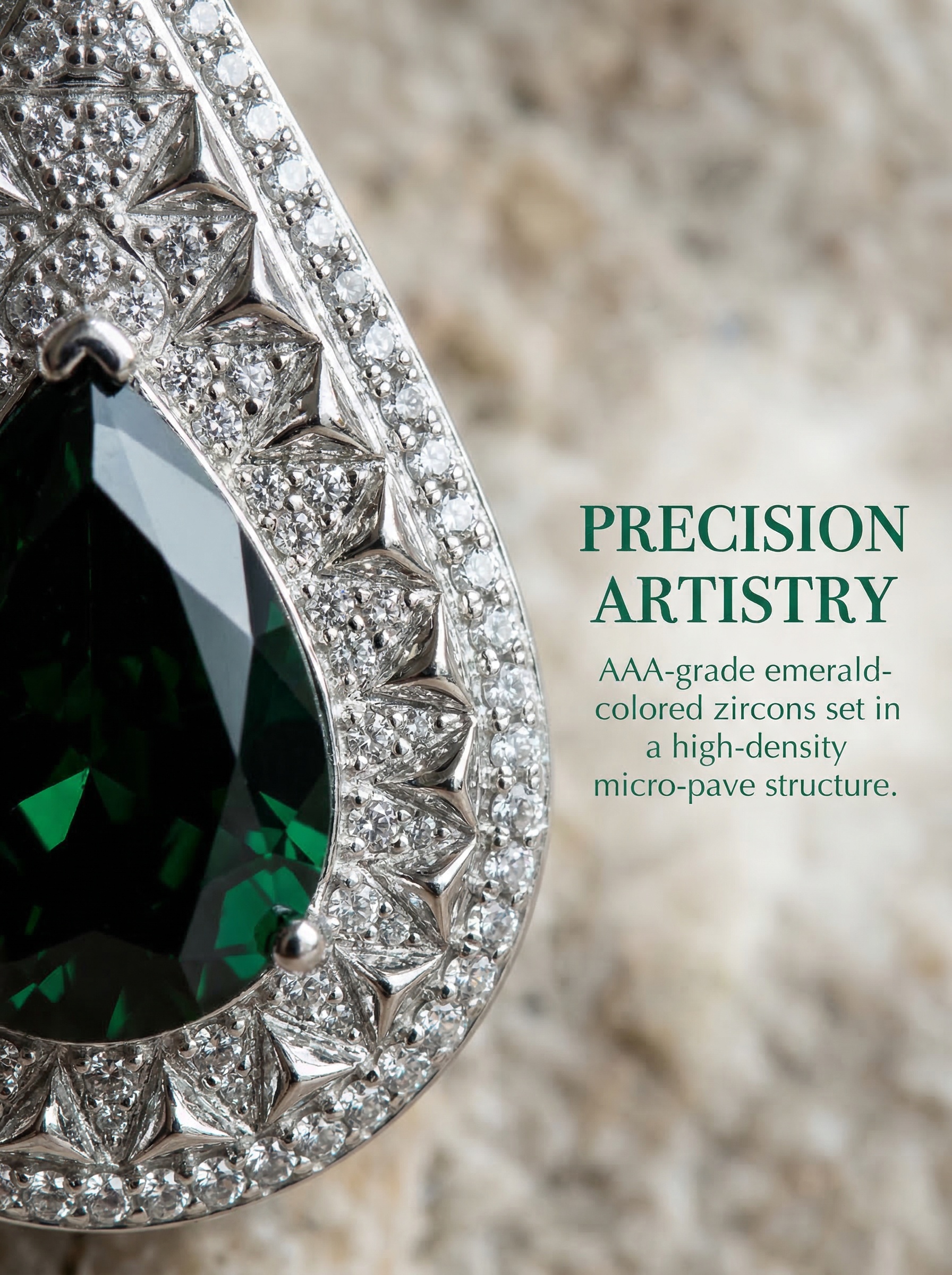 Retro court-style drop-shaped brilliant deep emerald zircon earrings - 5.4 carats 