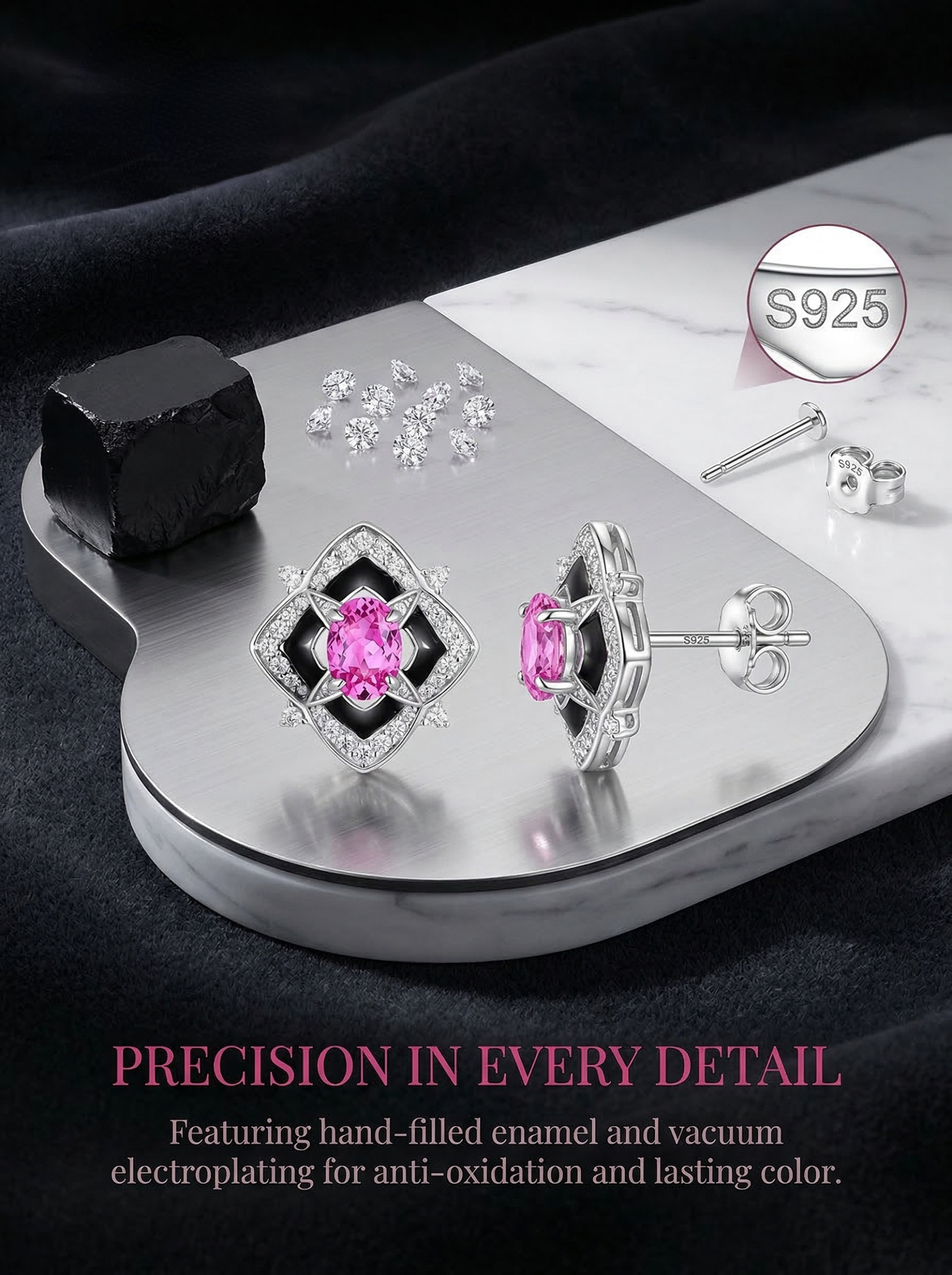French-style romanticist diamond-embossed Baroque pink diamond enamel earrings 