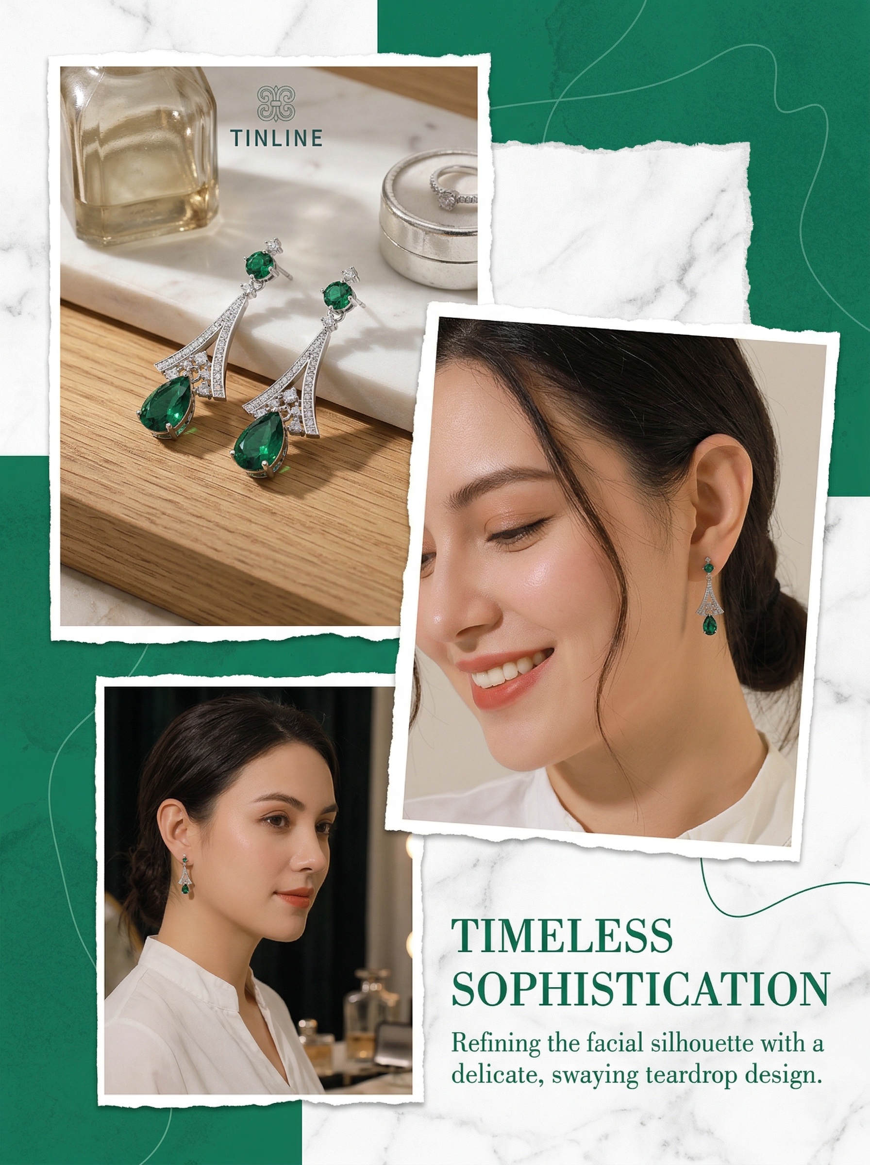 Retro court-style drop-shaped brilliant deep emerald zircon earrings - 5.4 carats 