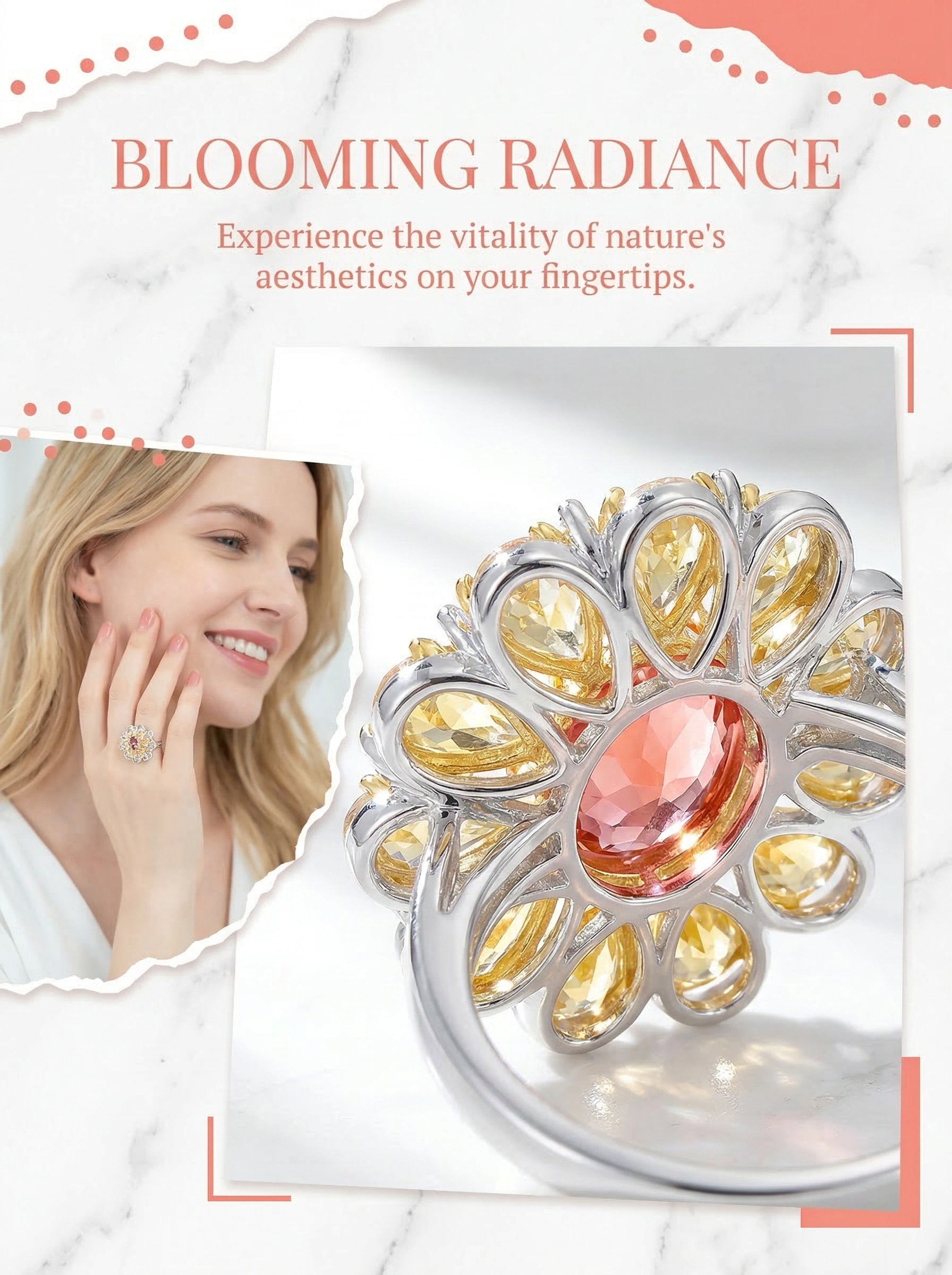 The "Young Girl in Full Bloom" series features a design of blooming chrysanthemums integrated with a design of a gemstone ring that connects one to nature. 