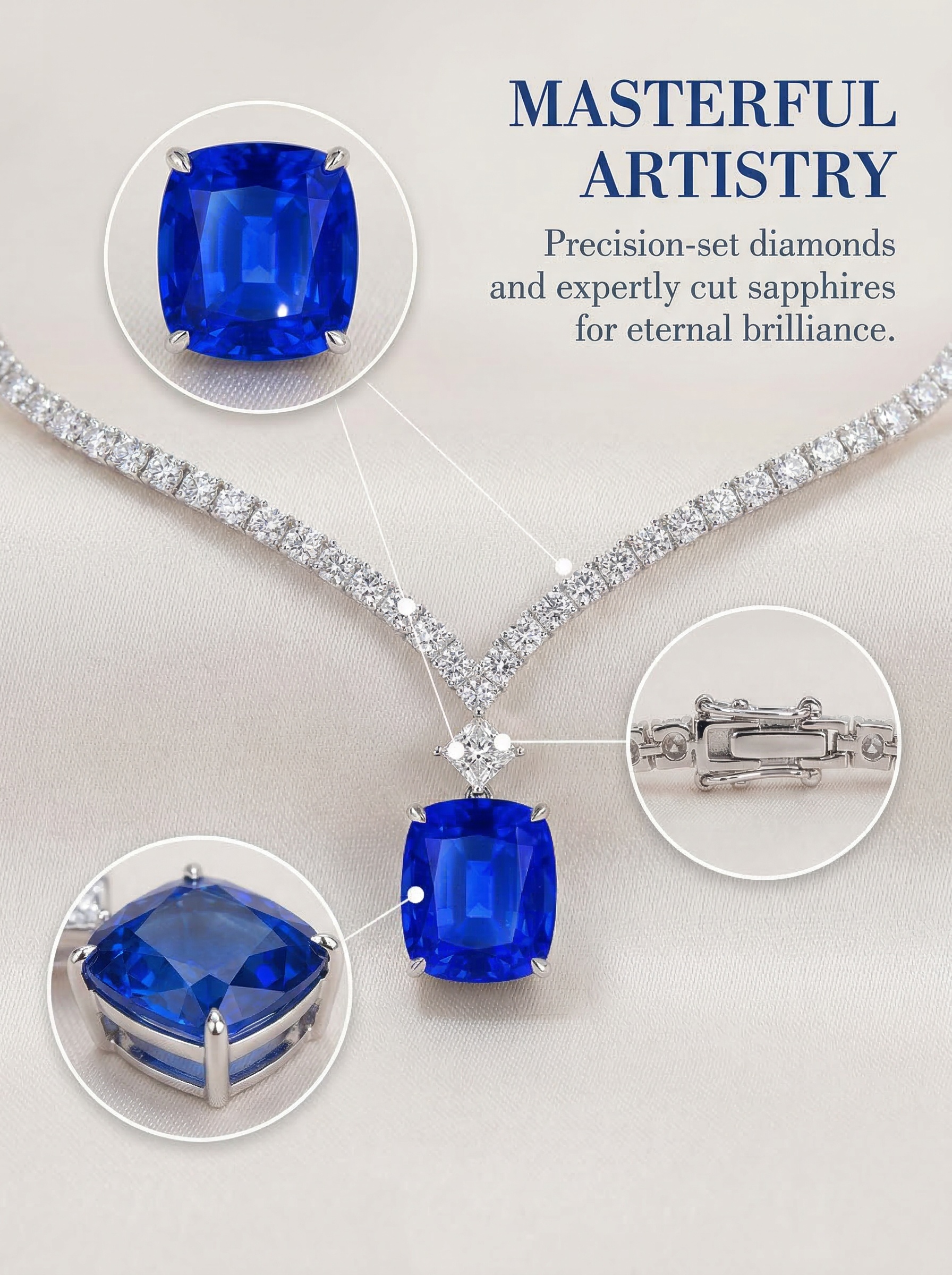 Modern Aesthetic Design Series "Starry Sky" Royal Blue Sapphire Sparkling Deep Sea Blue Waterdrop V-Shape Diamond Chain Pendant 