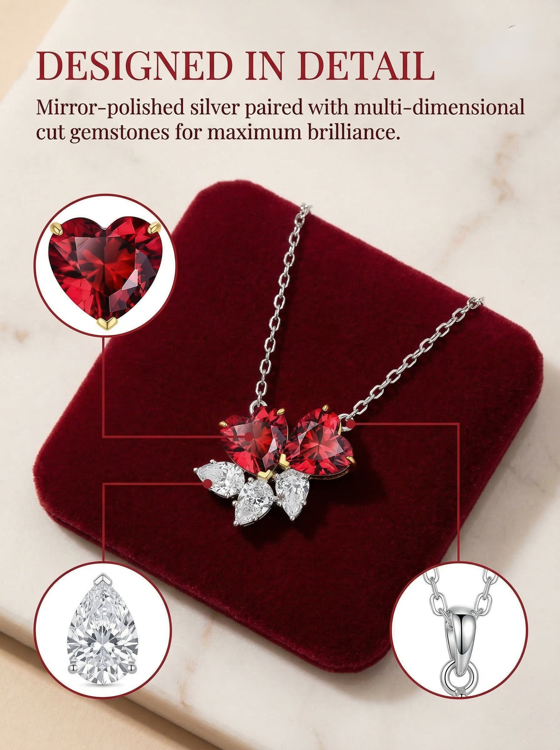 Couple's ideal romanticism double heart ruby zircon pure silver necklace 