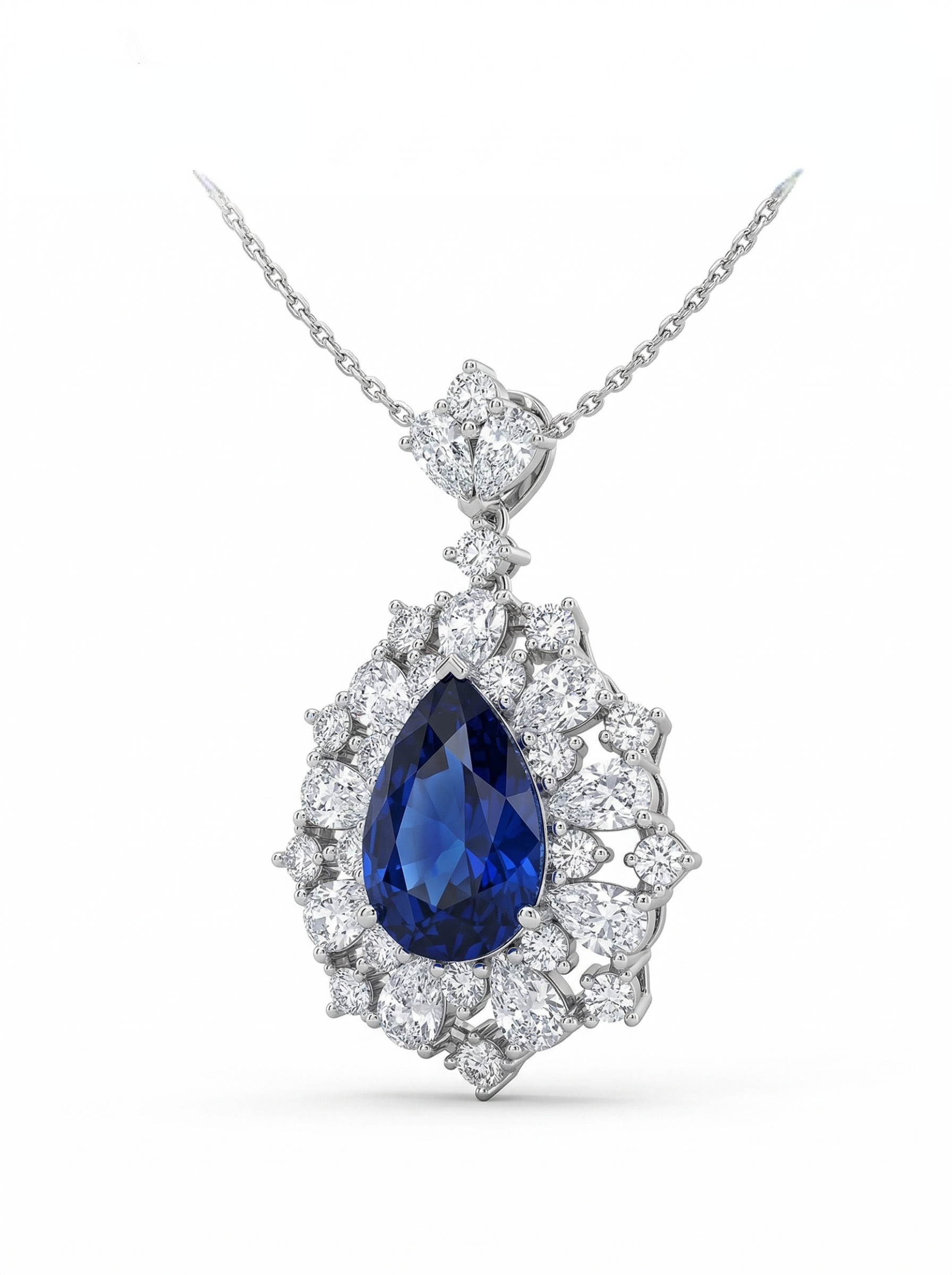 Court banquet style fashionable drop-shaped blue sapphire star-shaped diamond embellished pendant necklace-5 carats 