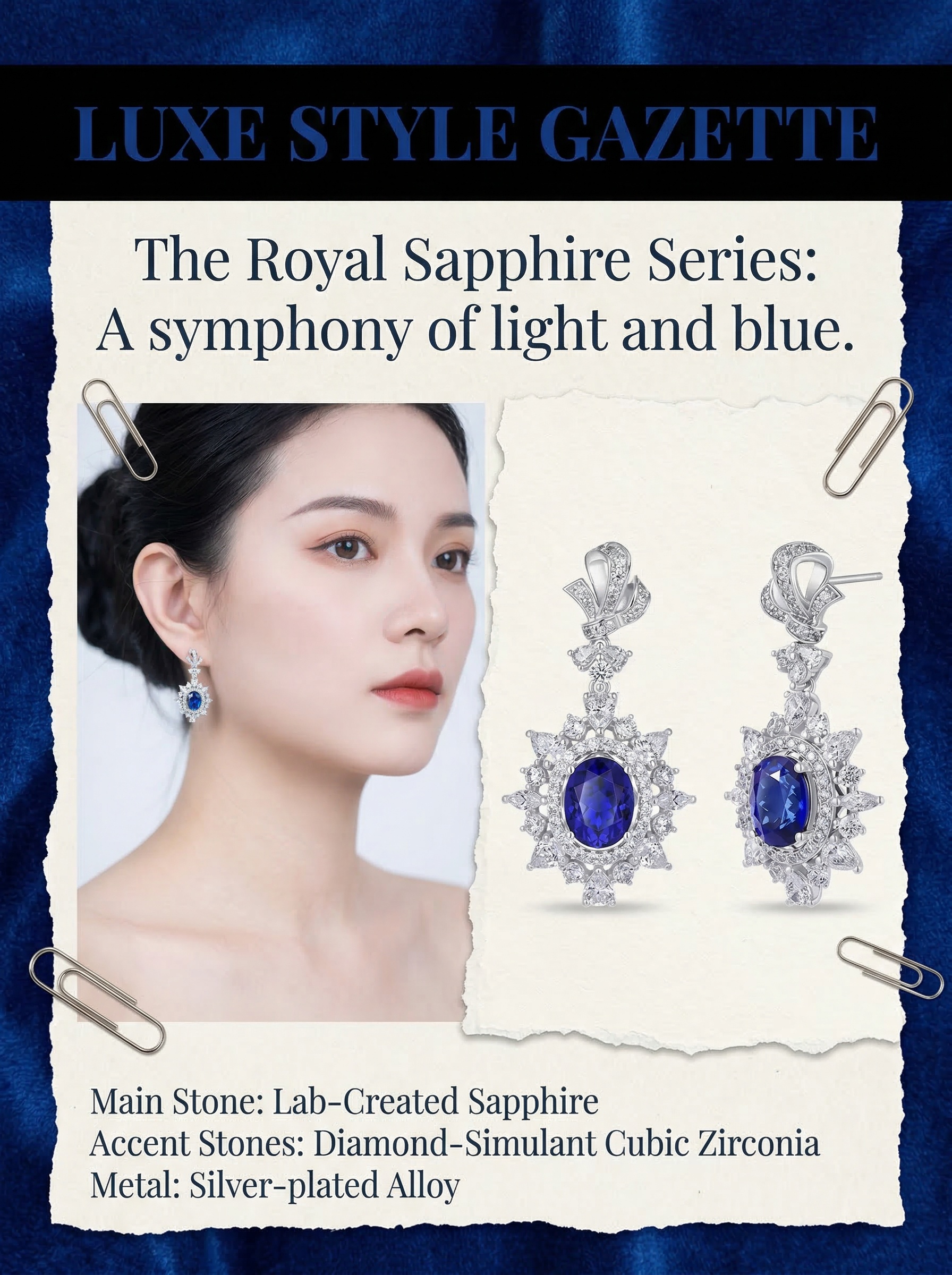 Royal sapphire and moissanite snowdrop earrings, simple and fashionable, elegant and grand, with abundant diamonds set in a luxurious way. 6.5 carats. 
