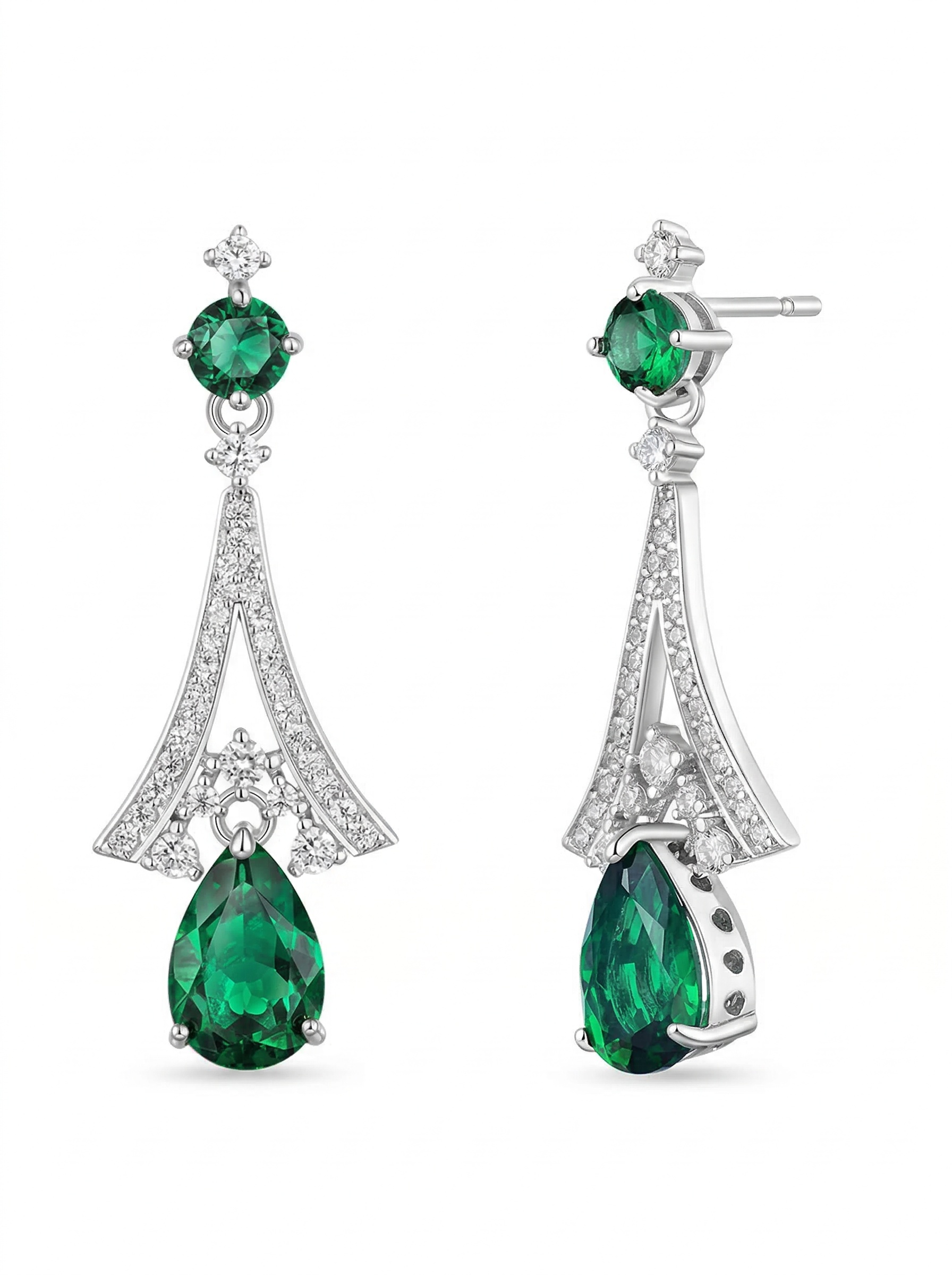 Retro court-style drop-shaped brilliant deep emerald zircon earrings - 5.4 carats 