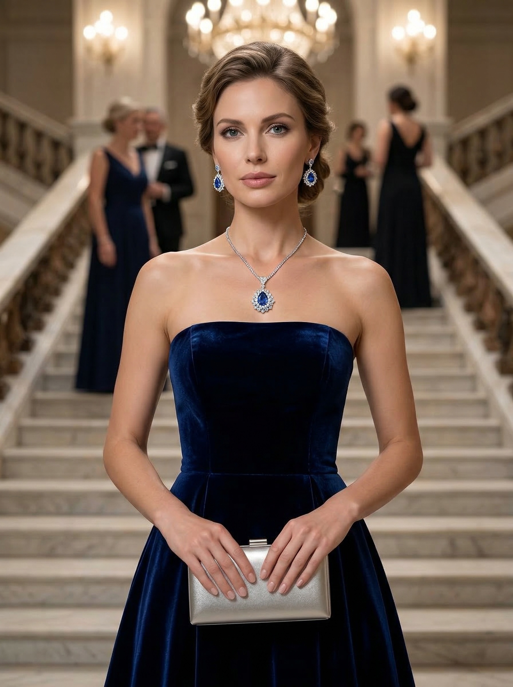 Court banquet style fashionable drop-shaped blue sapphire star-shaped diamond embellished pendant necklace-5 carats 