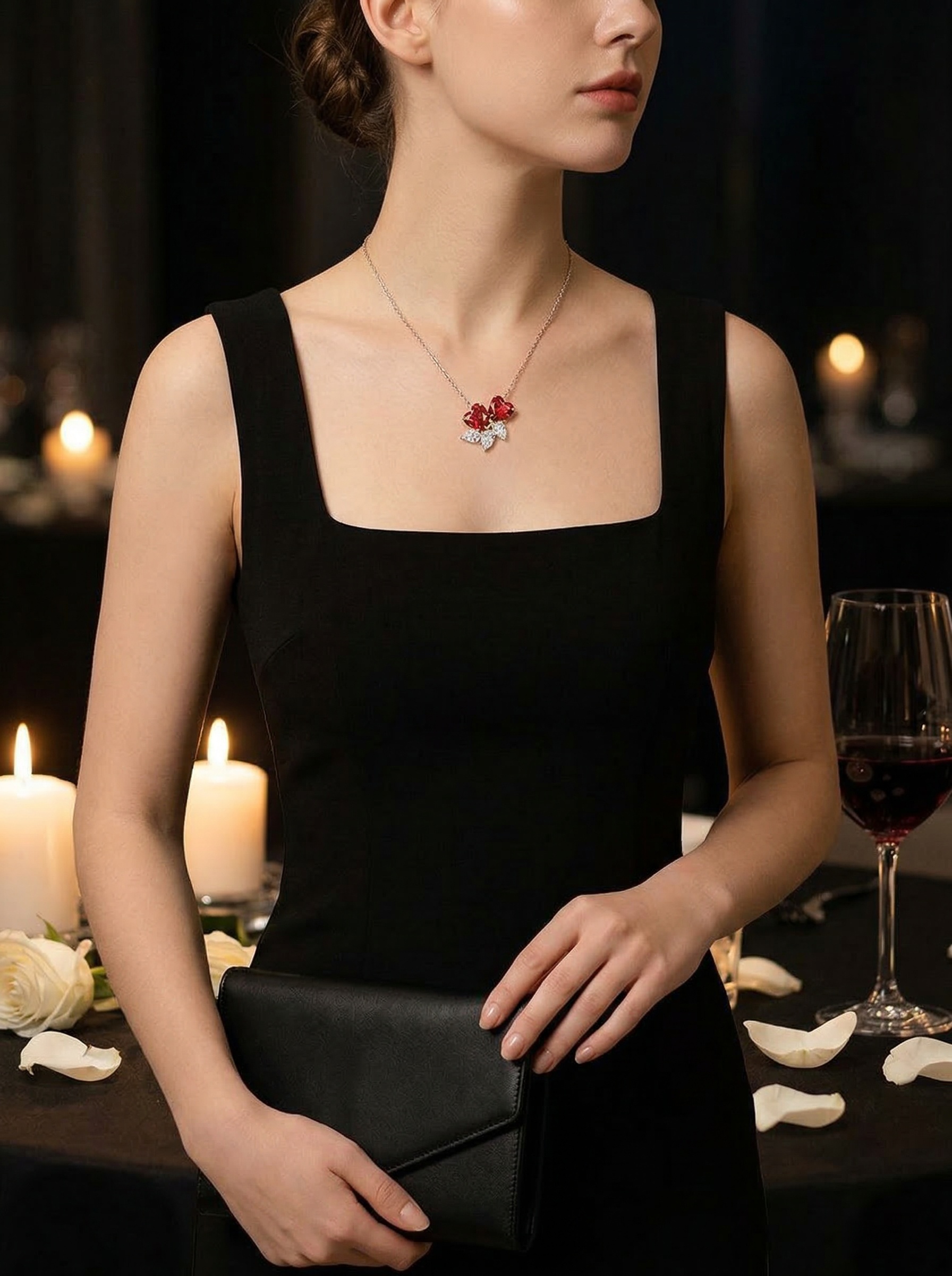 Couple's ideal romanticism double heart ruby zircon pure silver necklace 