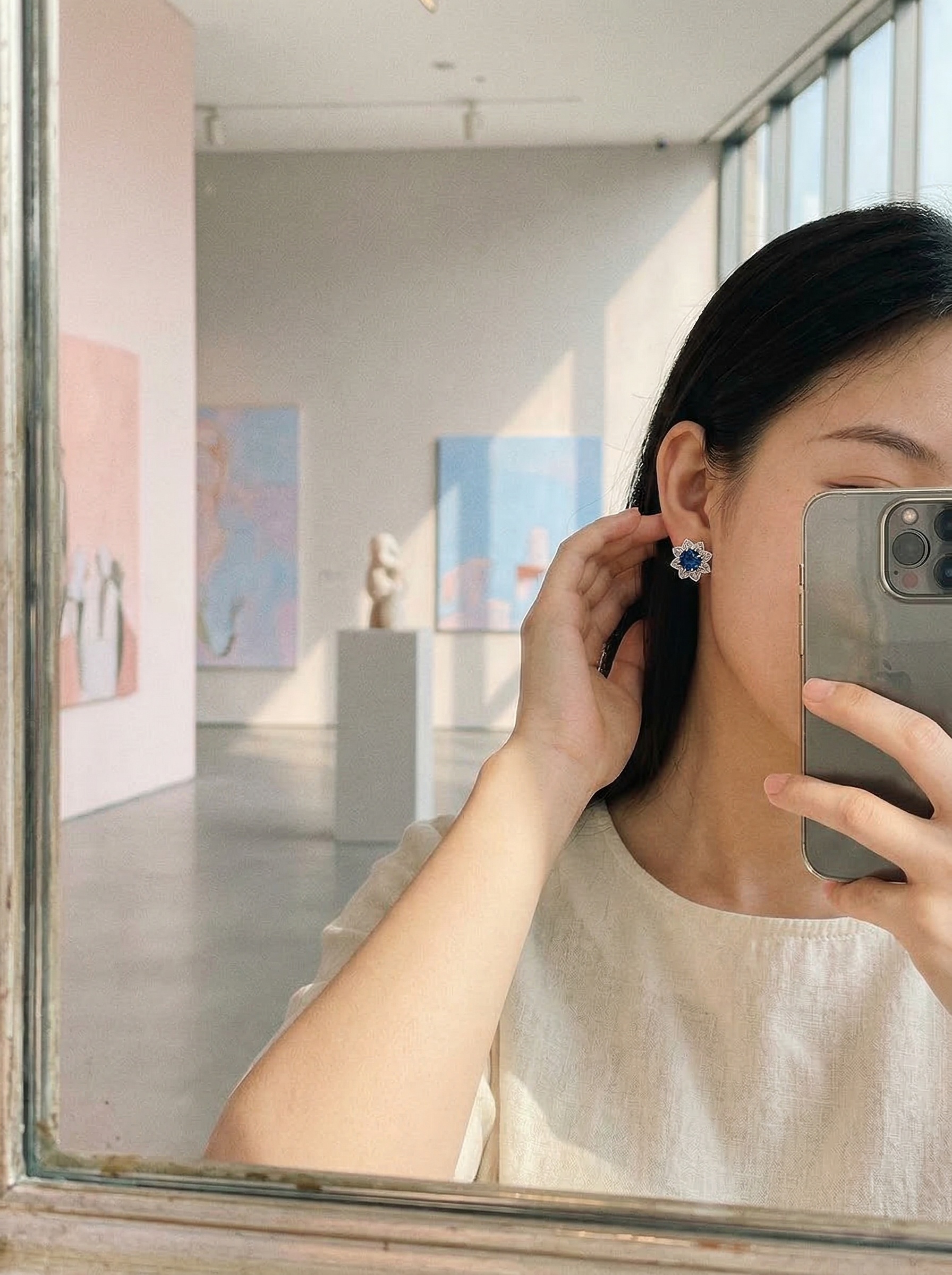 Modern Aesthetic Design Octagonal Star Series Royal Sapphire Natural Brilliant Flower Cluster Earrings 