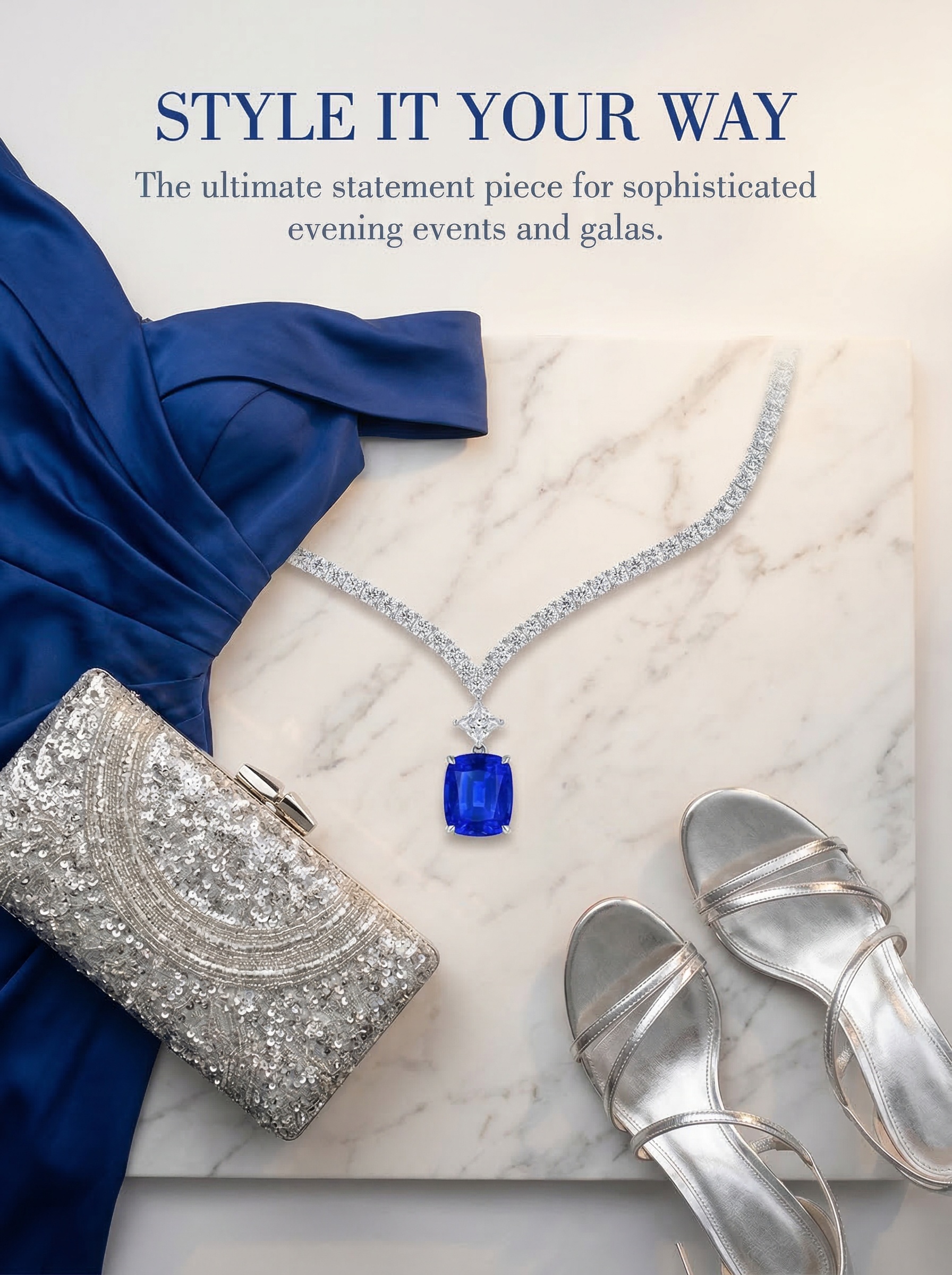Modern Aesthetic Design Series "Starry Sky" Royal Blue Sapphire Sparkling Deep Sea Blue Waterdrop V-Shape Diamond Chain Pendant 