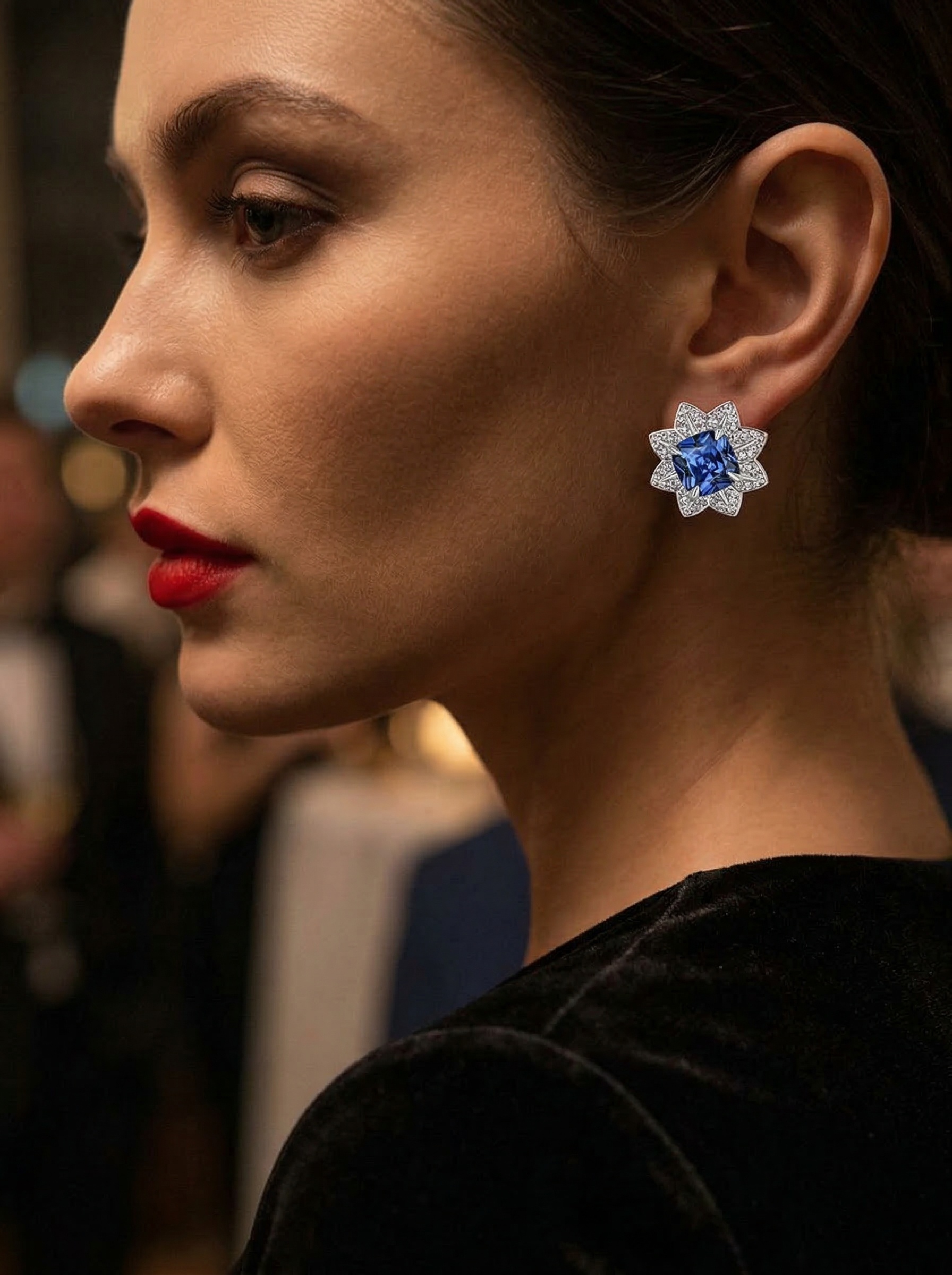 Modern Aesthetic Design Octagonal Star Series Royal Sapphire Natural Brilliant Flower Cluster Earrings 