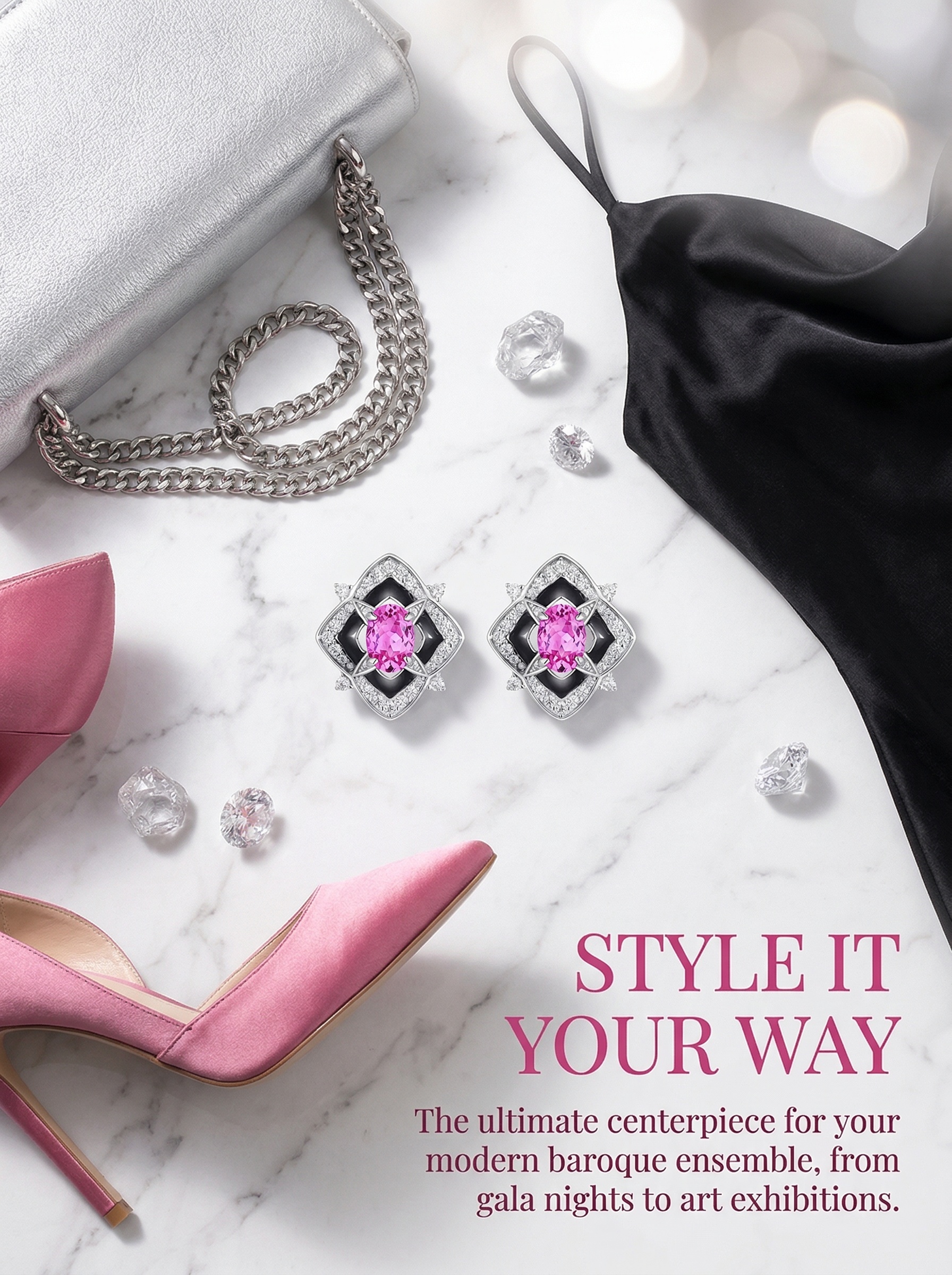 French-style romanticist diamond-embossed Baroque pink diamond enamel earrings 