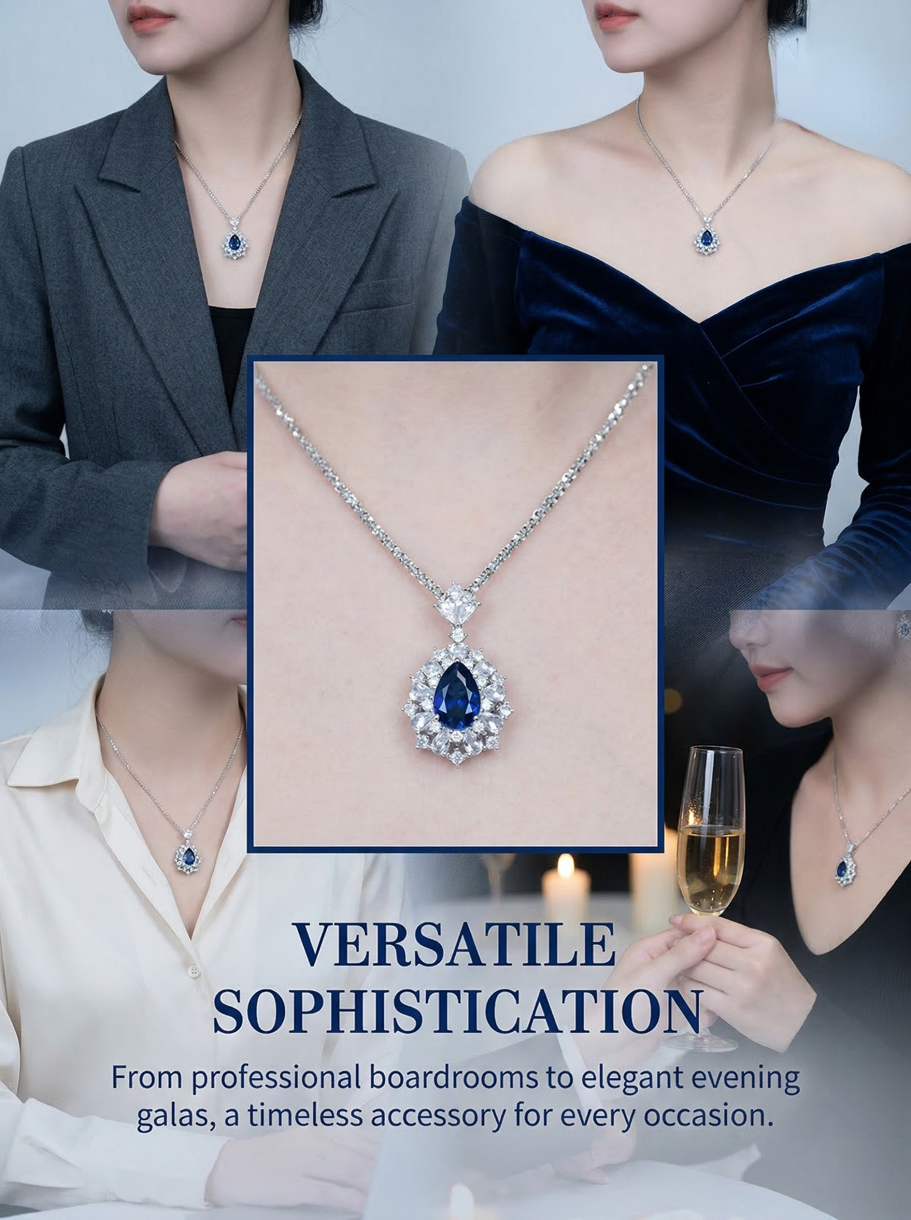 Court banquet style fashionable drop-shaped blue sapphire star-shaped diamond embellished pendant necklace-5 carats 