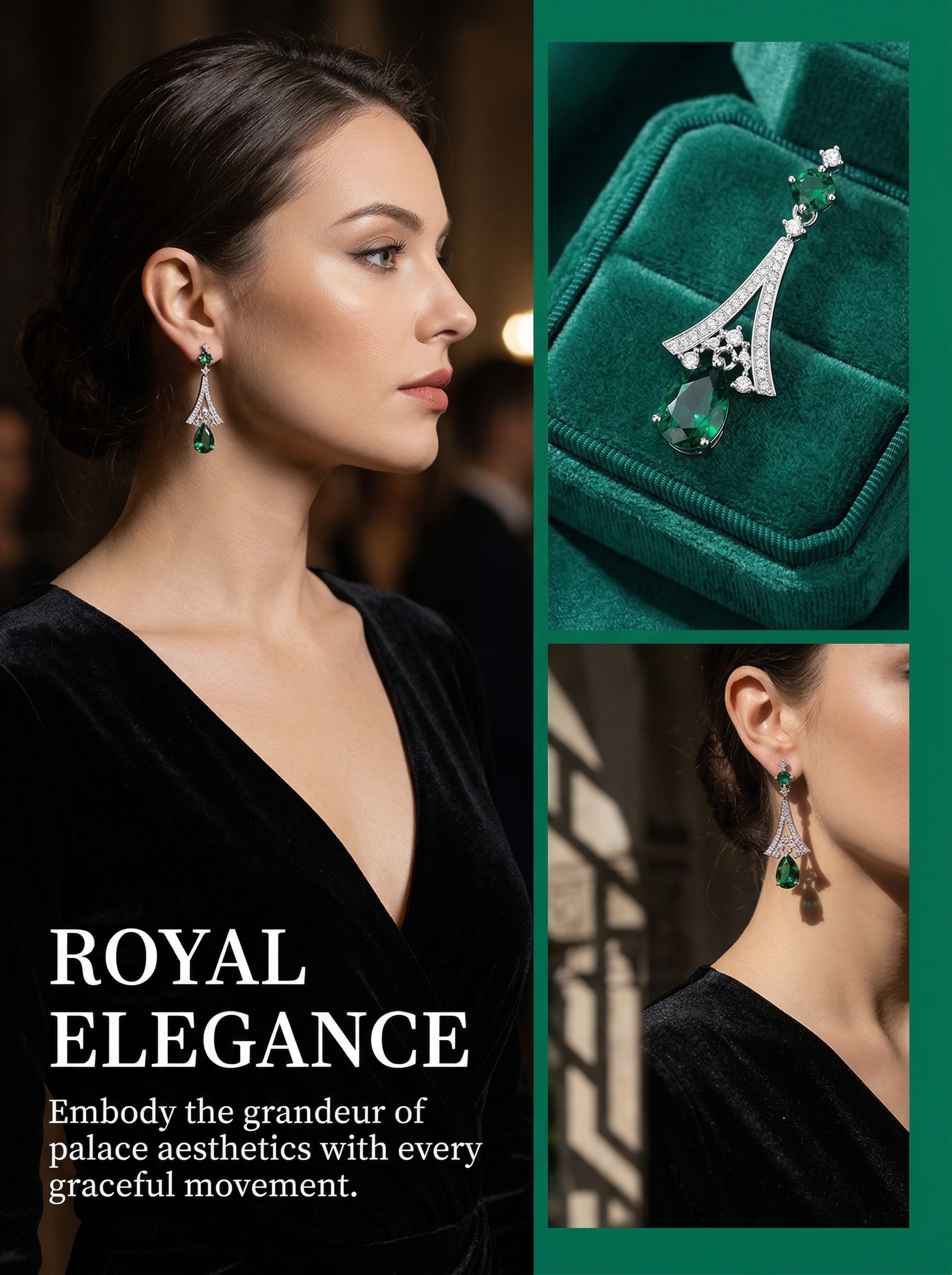 Retro court-style drop-shaped brilliant deep emerald zircon earrings - 5.4 carats 