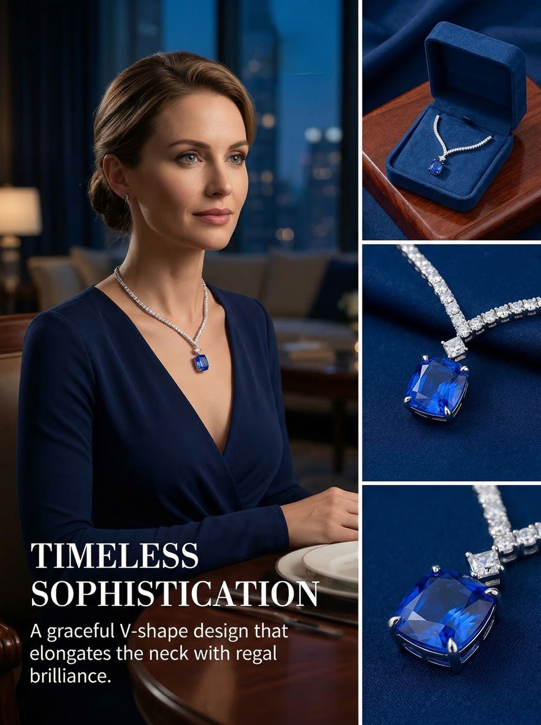 Modern Aesthetic Design Series "Starry Sky" Royal Blue Sapphire Sparkling Deep Sea Blue Waterdrop V-Shape Diamond Chain Pendant 