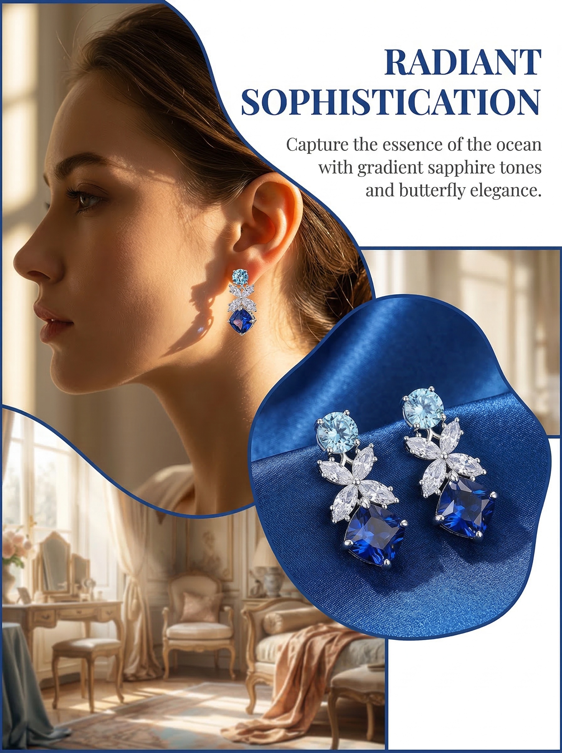 Modern Art Aesthetic Dream Blue Butterfly Shadow Sea Blue Series Professional Women's Sapphire Earrings 
