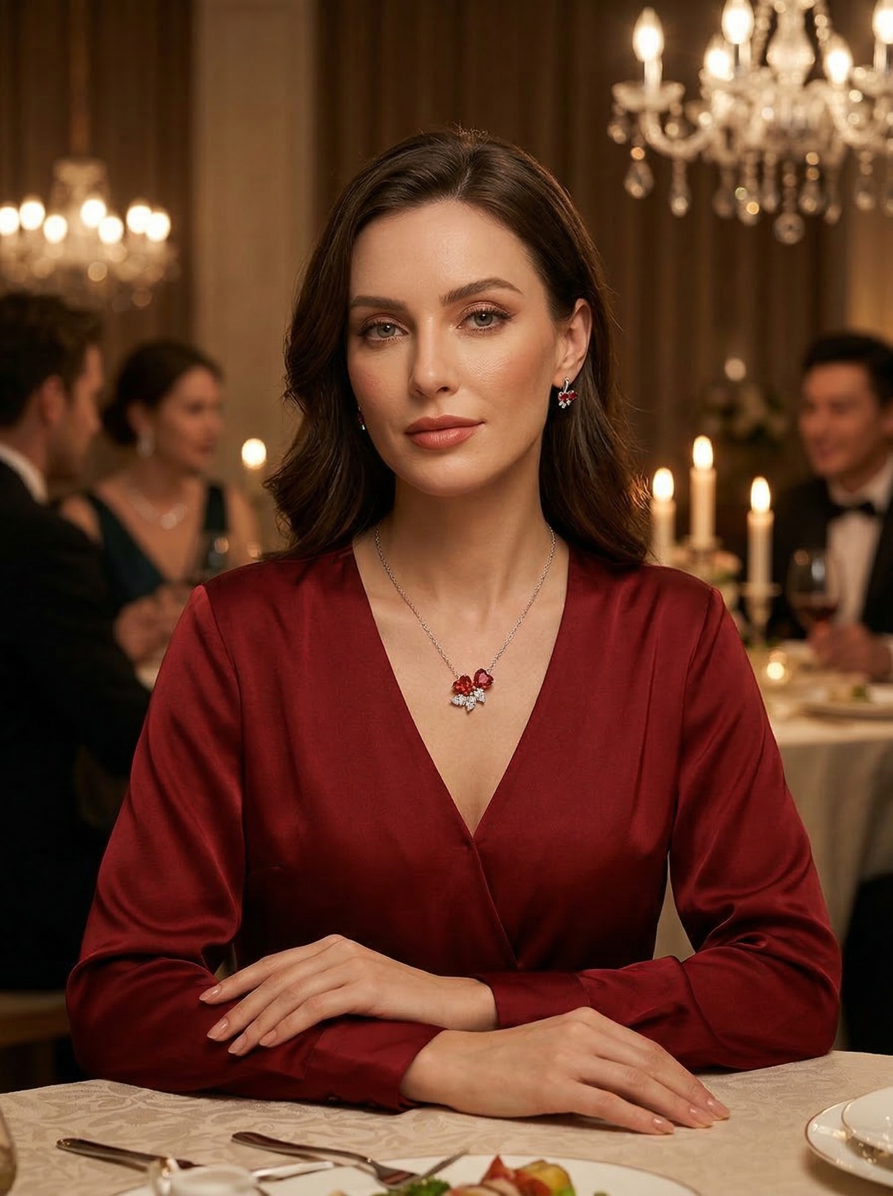 Couple's ideal romanticism double heart ruby zircon pure silver necklace 