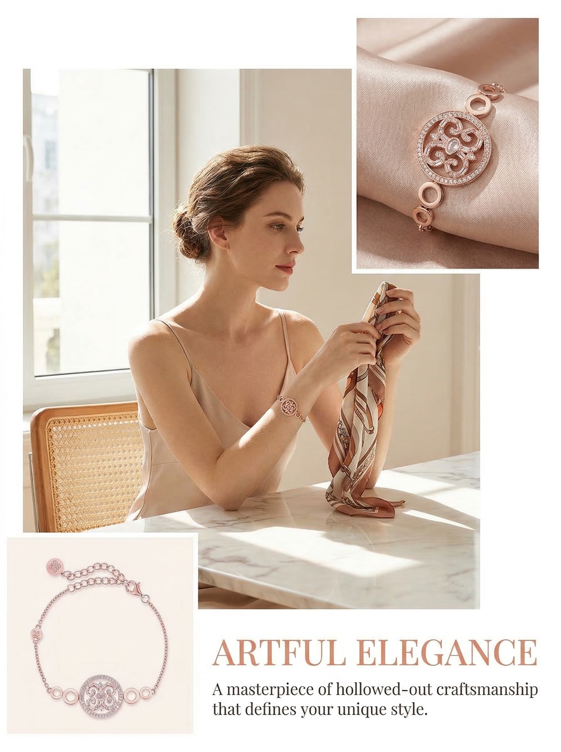 Victoria Court Style Young Princess Pink Rose Gold Hollowed-Out Floral Artistic Bracelet 