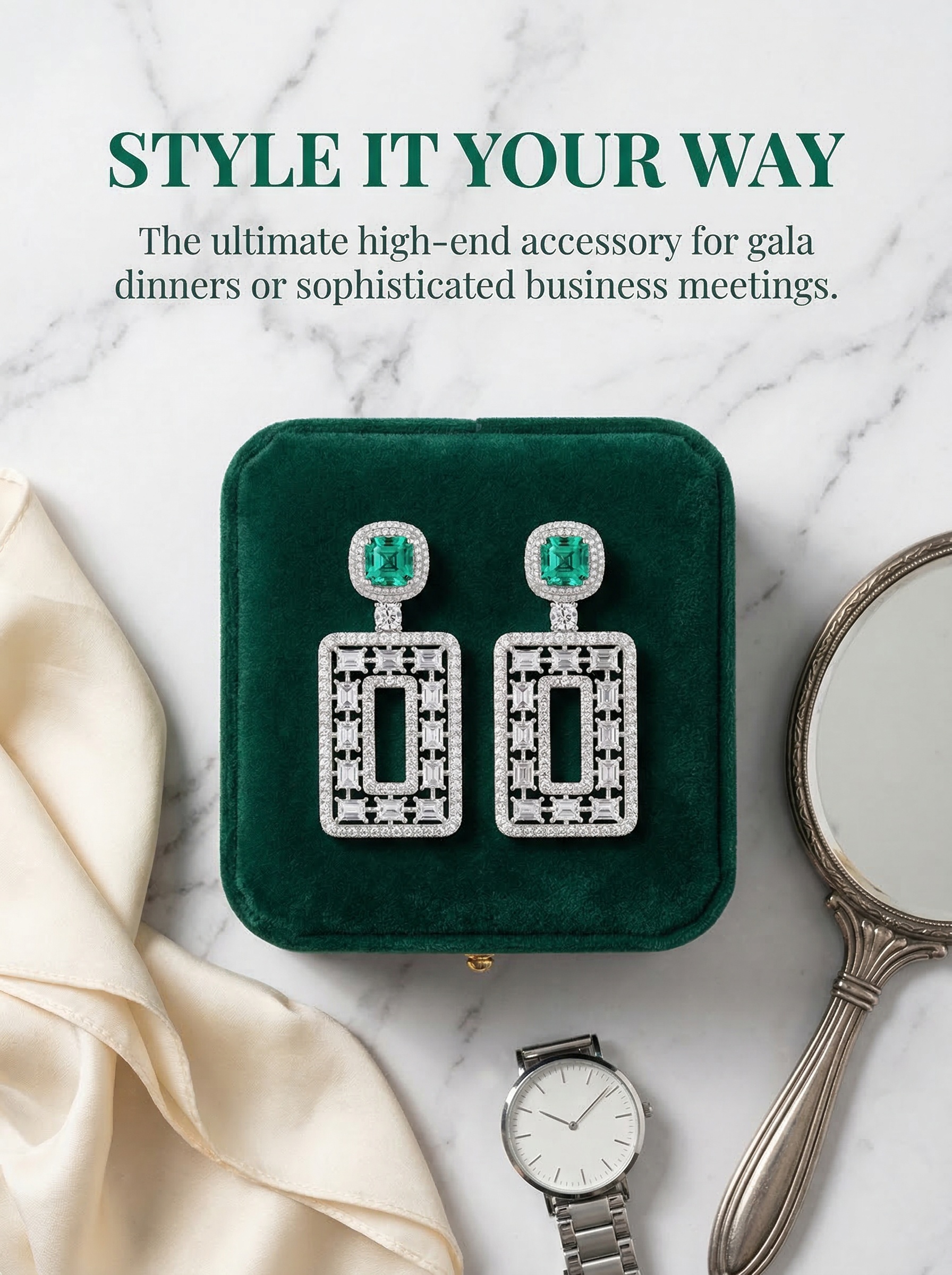 Colombian style classic and noble emerald and sapphire long rectangular stud earrings 