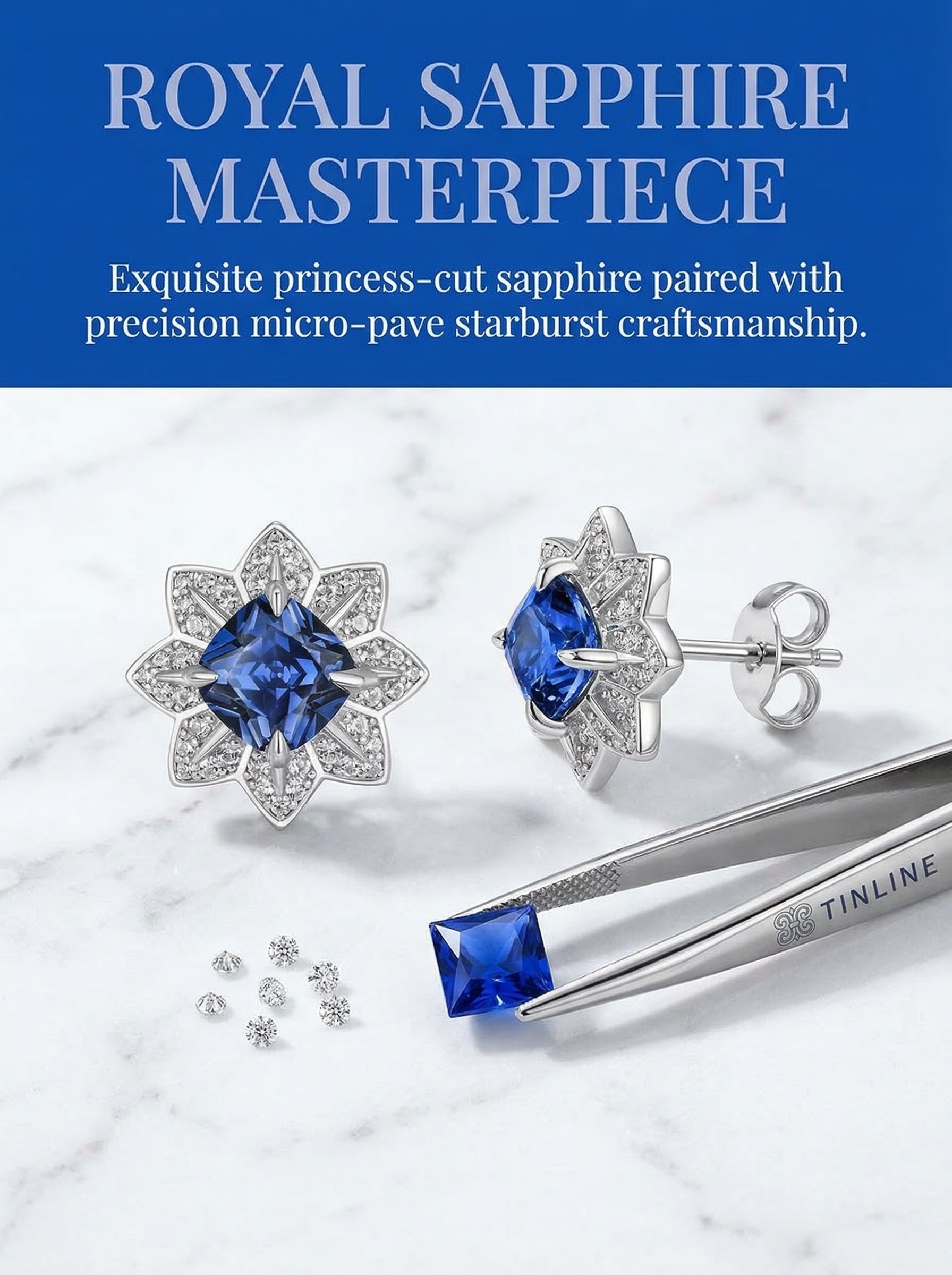 Modern Aesthetic Design Octagonal Star Series Royal Sapphire Natural Brilliant Flower Cluster Earrings 