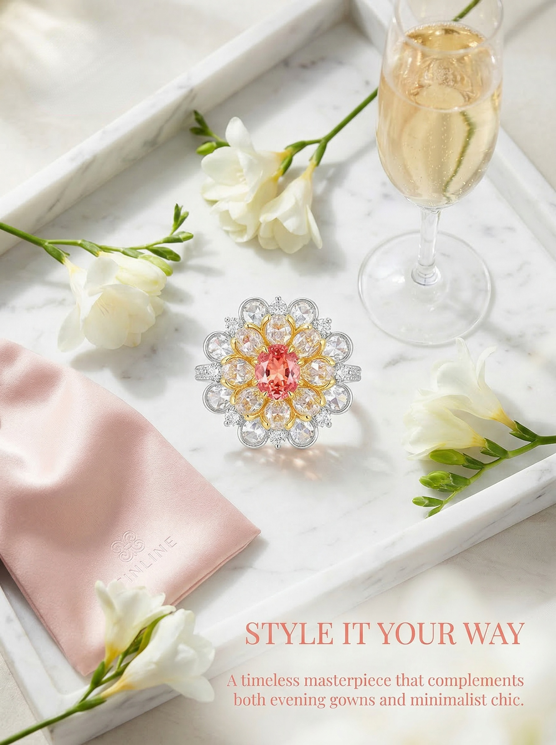 The "Young Girl in Full Bloom" series features a design of blooming chrysanthemums integrated with a design of a gemstone ring that connects one to nature. 