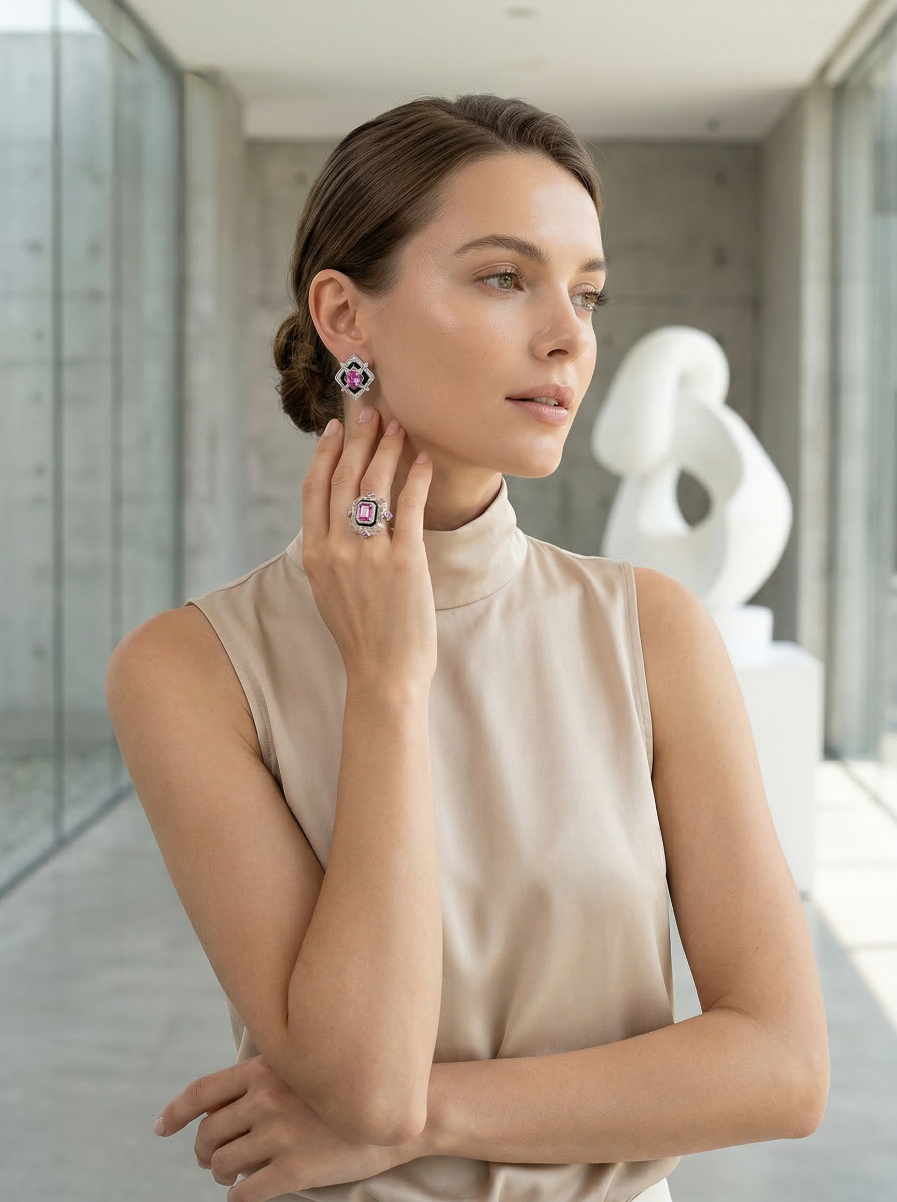 French-style romanticist diamond-embossed Baroque pink diamond enamel earrings 