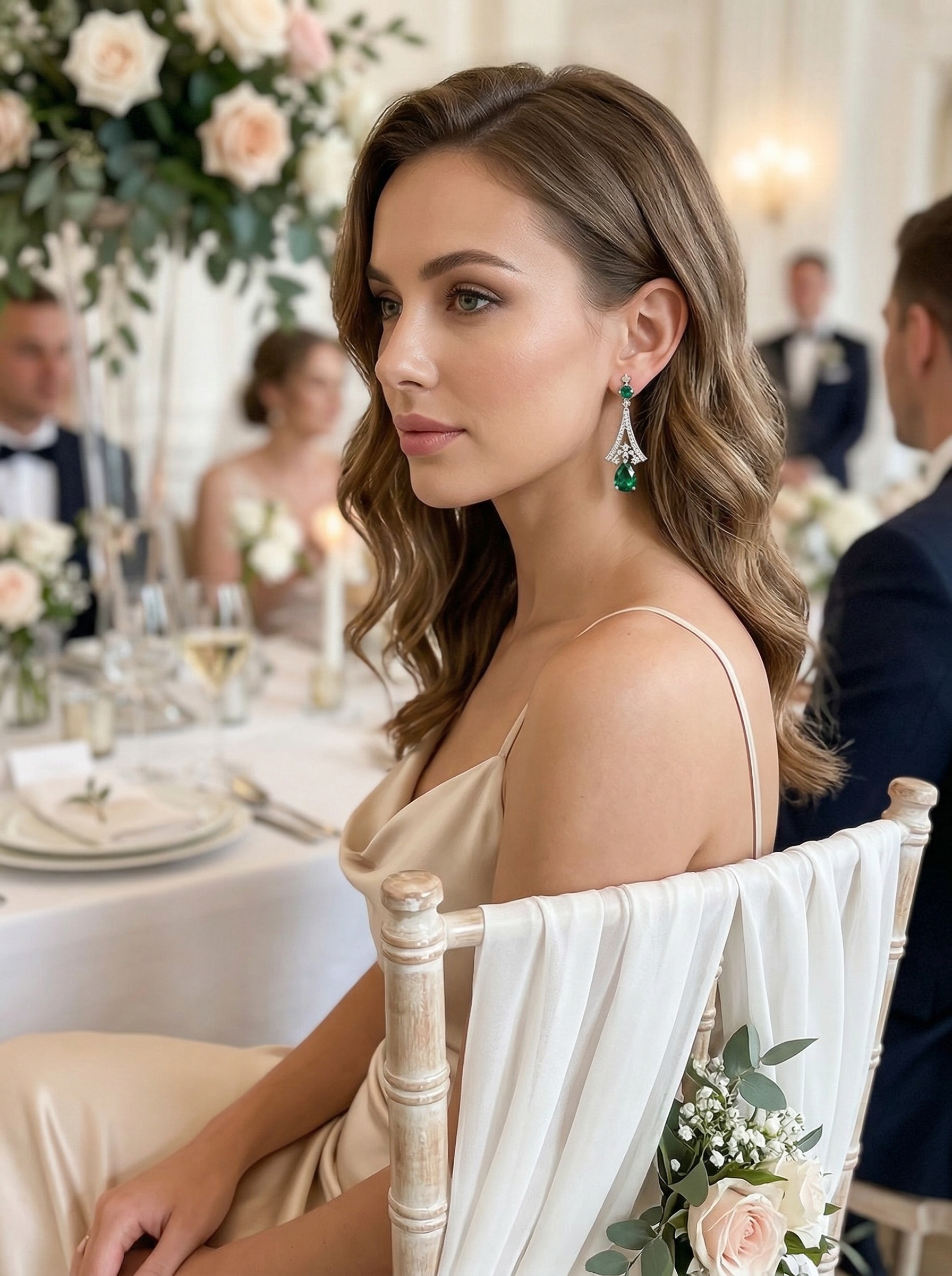 Retro court-style drop-shaped brilliant deep emerald zircon earrings - 5.4 carats 