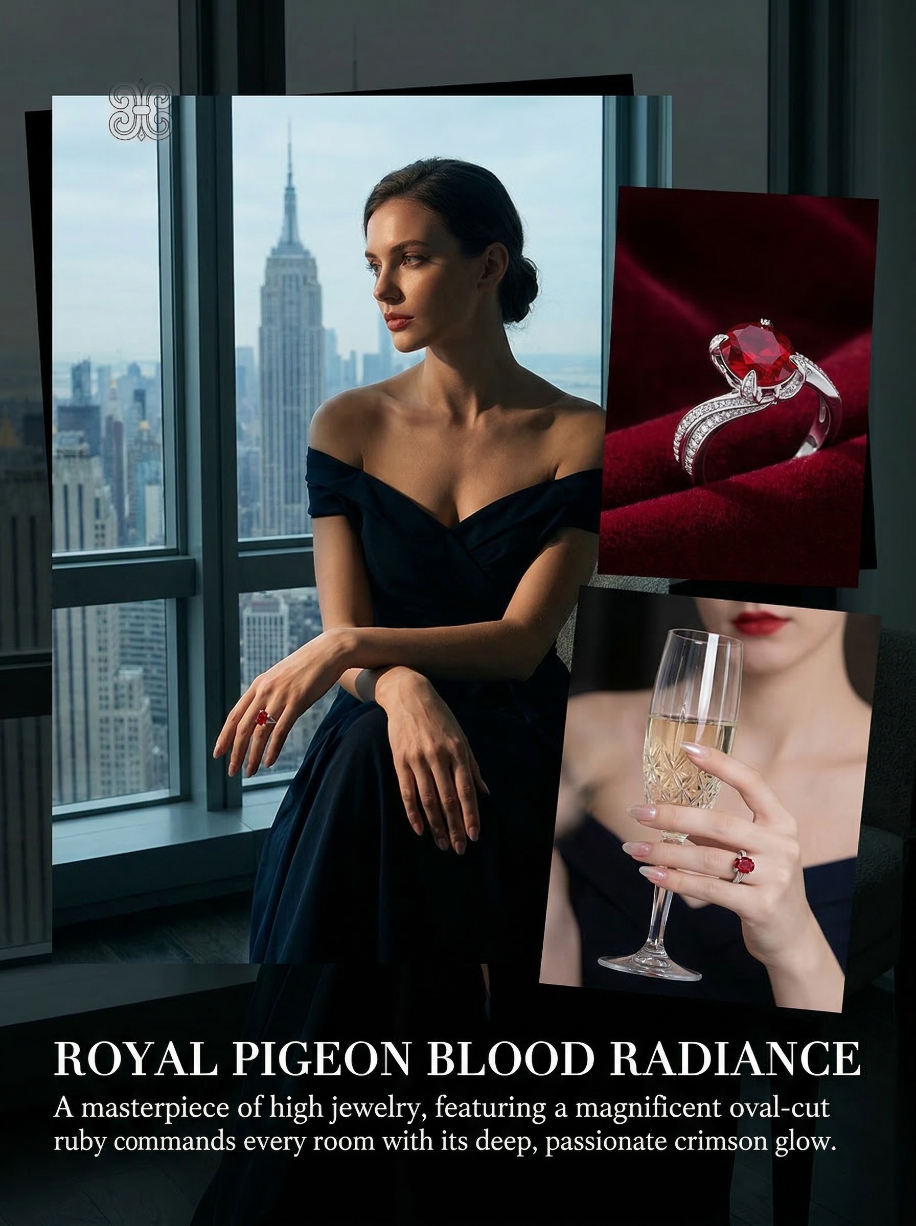 Court-style natural ruby art oval natural main stone interwoven diamond ring 