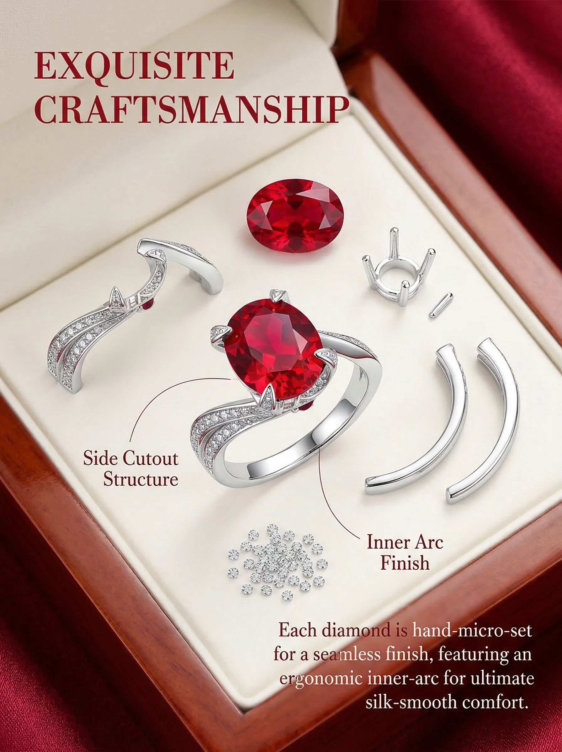 Court-style natural ruby art oval natural main stone interwoven diamond ring 