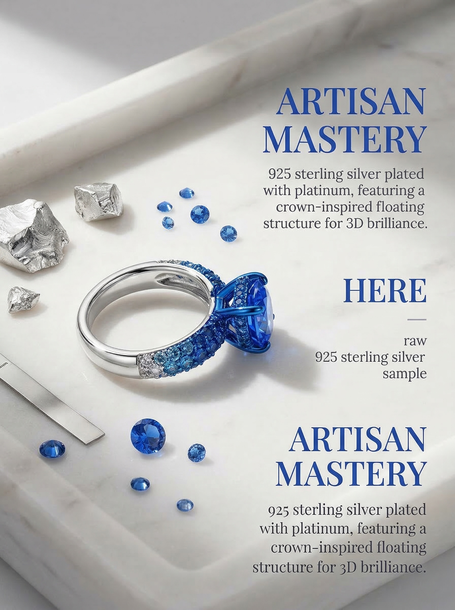 Modern art aesthetic cultivation of the Kashmirian iridescent gradient craftsmanship creates a dazzling professional-grade sapphire ring. 