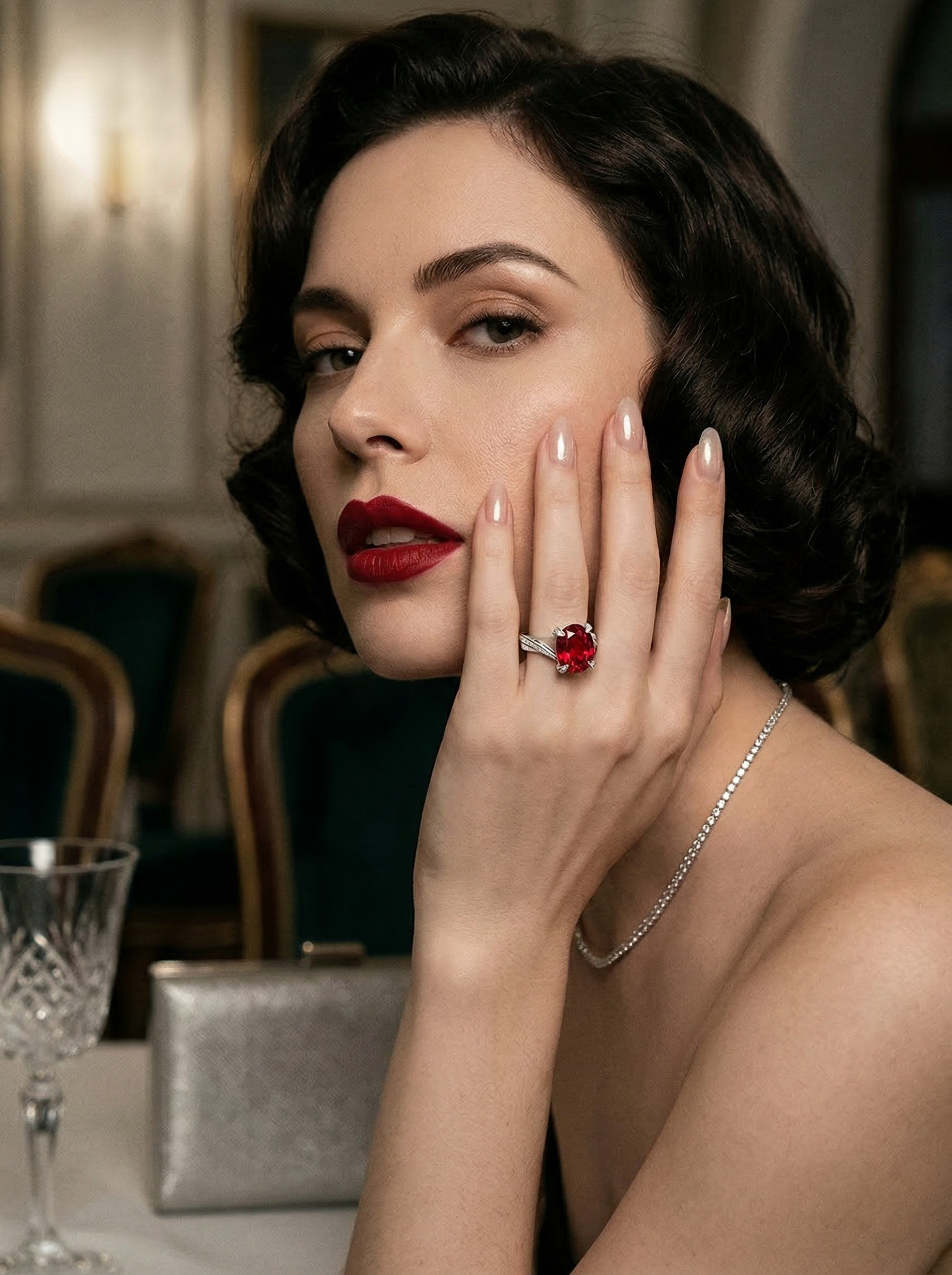 Court-style natural ruby art oval natural main stone interwoven diamond ring 