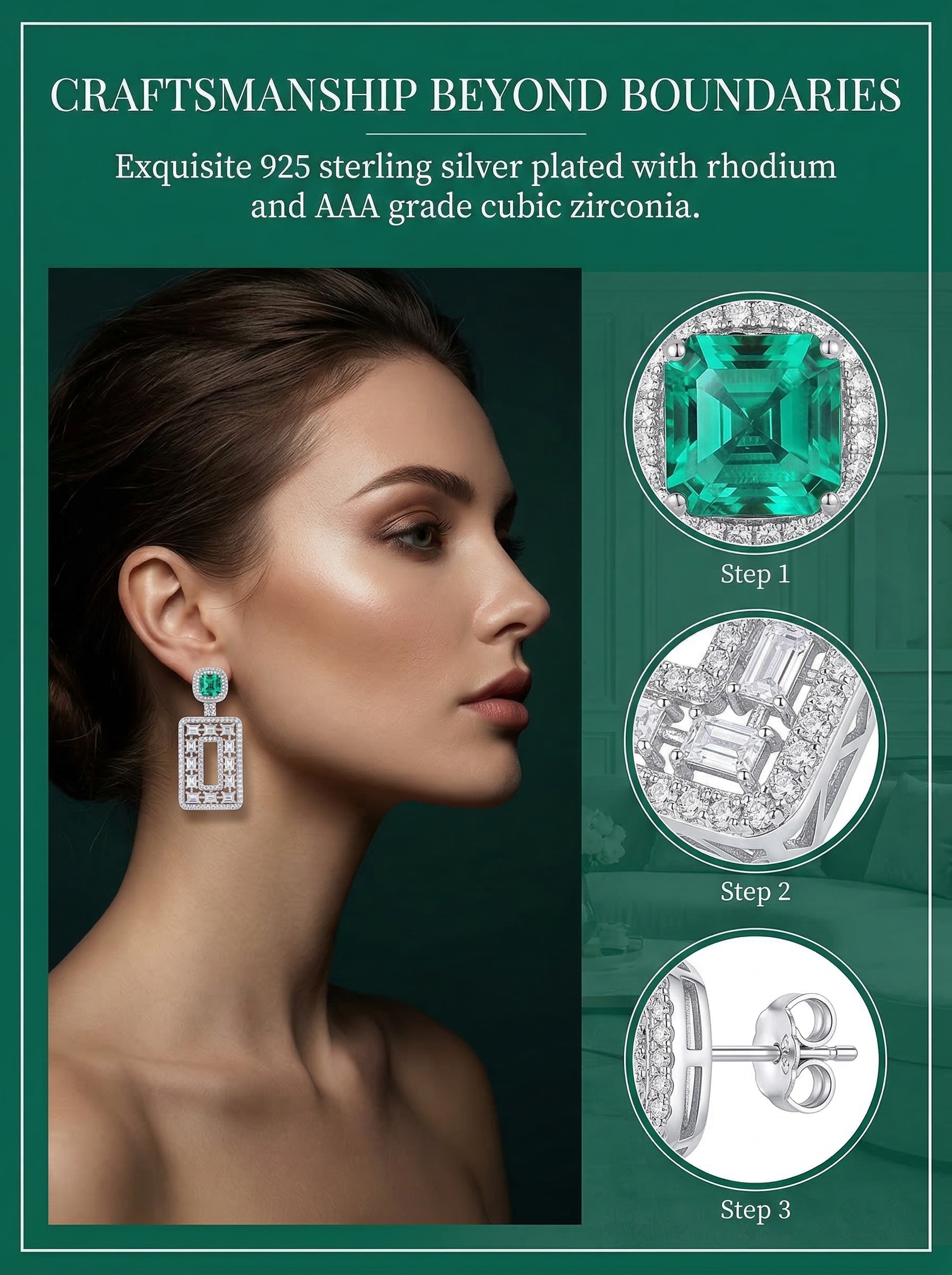 Colombian style classic and noble emerald and sapphire long rectangular stud earrings 
