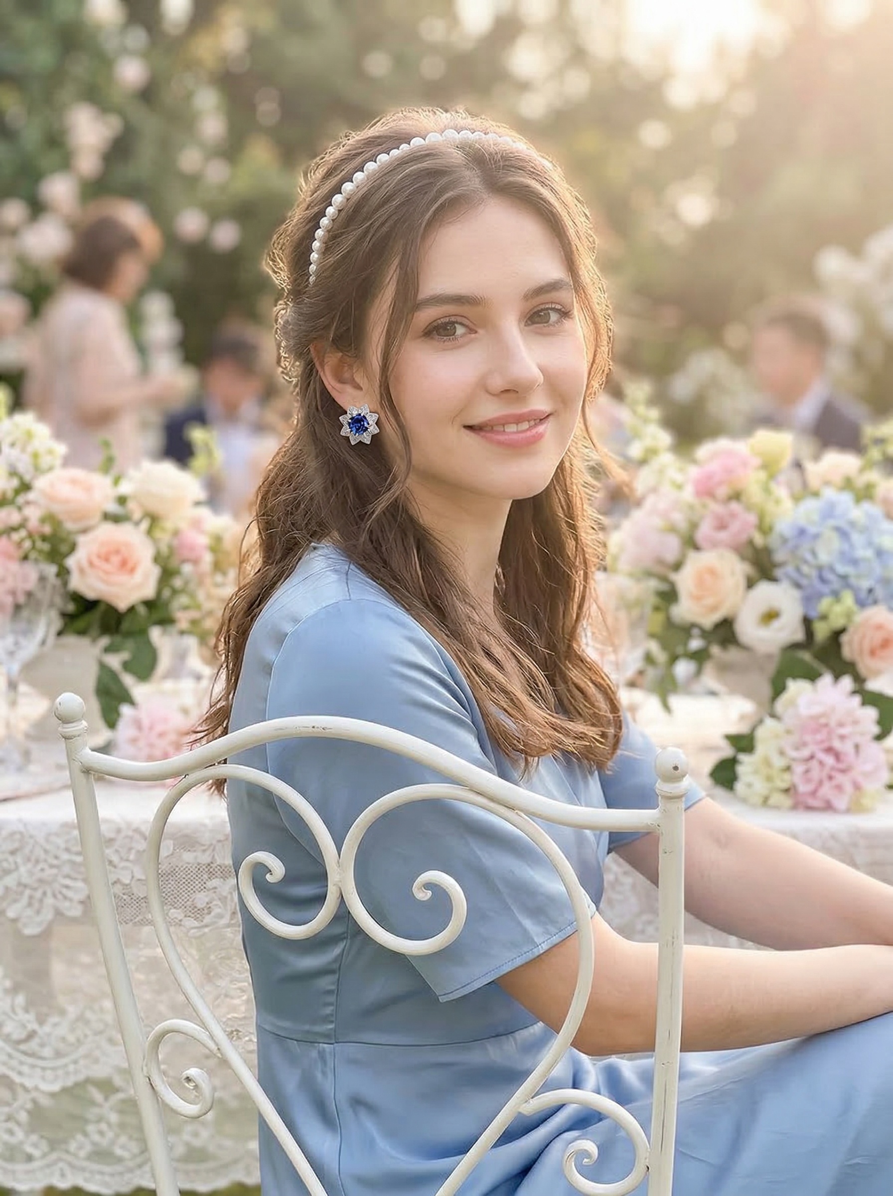 Modern Aesthetic Design Octagonal Star Series Royal Sapphire Natural Brilliant Flower Cluster Earrings 