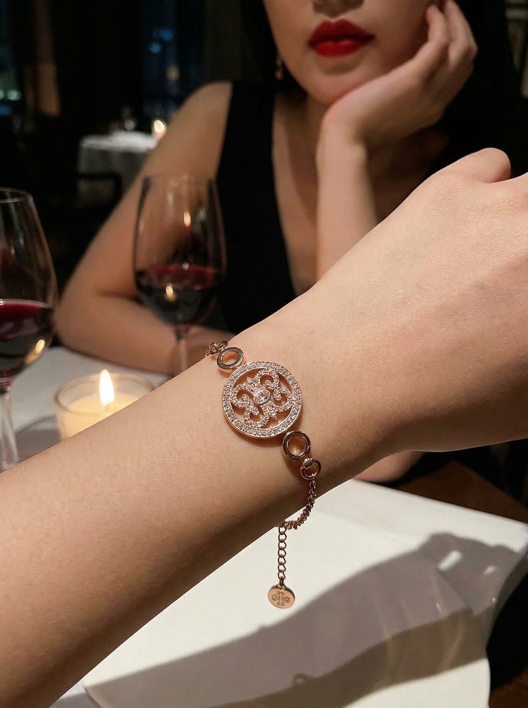 Victoria Court Style Young Princess Pink Rose Gold Hollowed-Out Floral Artistic Bracelet 