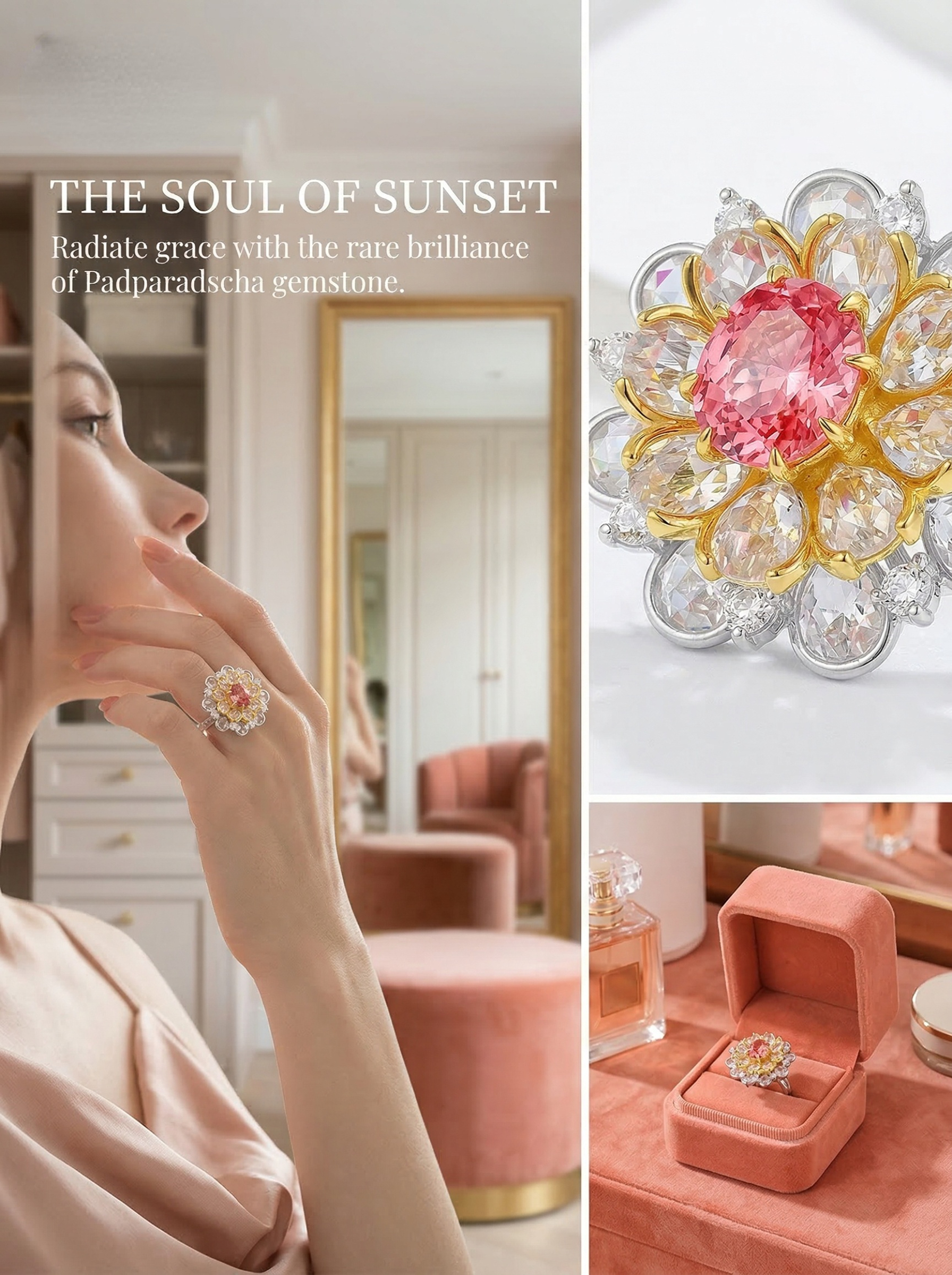 The "Young Girl in Full Bloom" series features a design of blooming chrysanthemums integrated with a design of a gemstone ring that connects one to nature. 