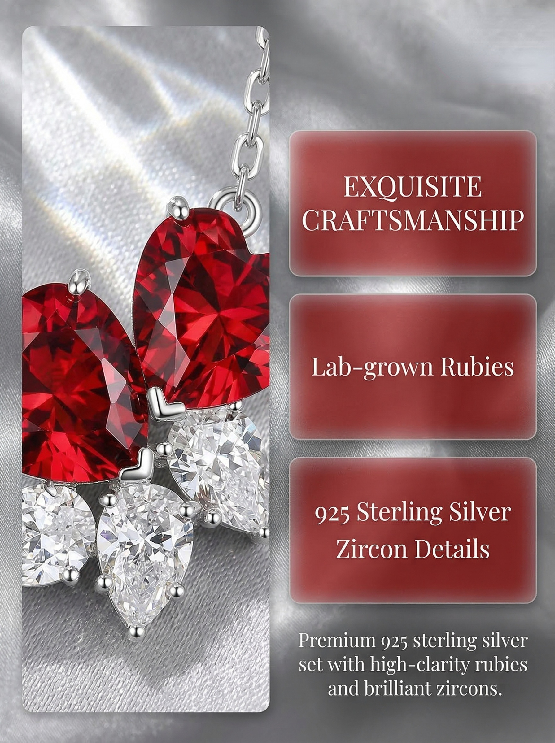 Couple's ideal romanticism double heart ruby zircon pure silver necklace 