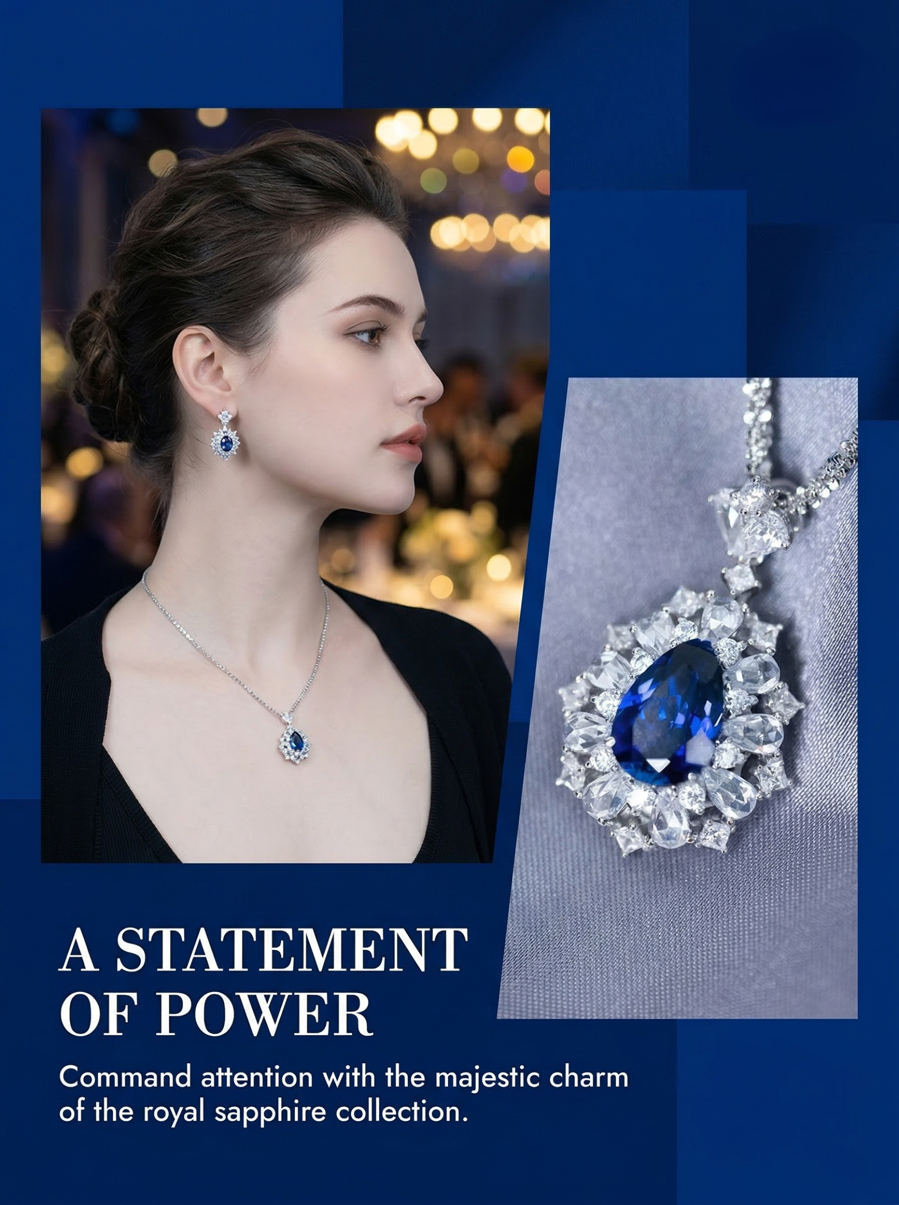 Court banquet style fashionable drop-shaped blue sapphire star-shaped diamond embellished pendant necklace-5 carats 