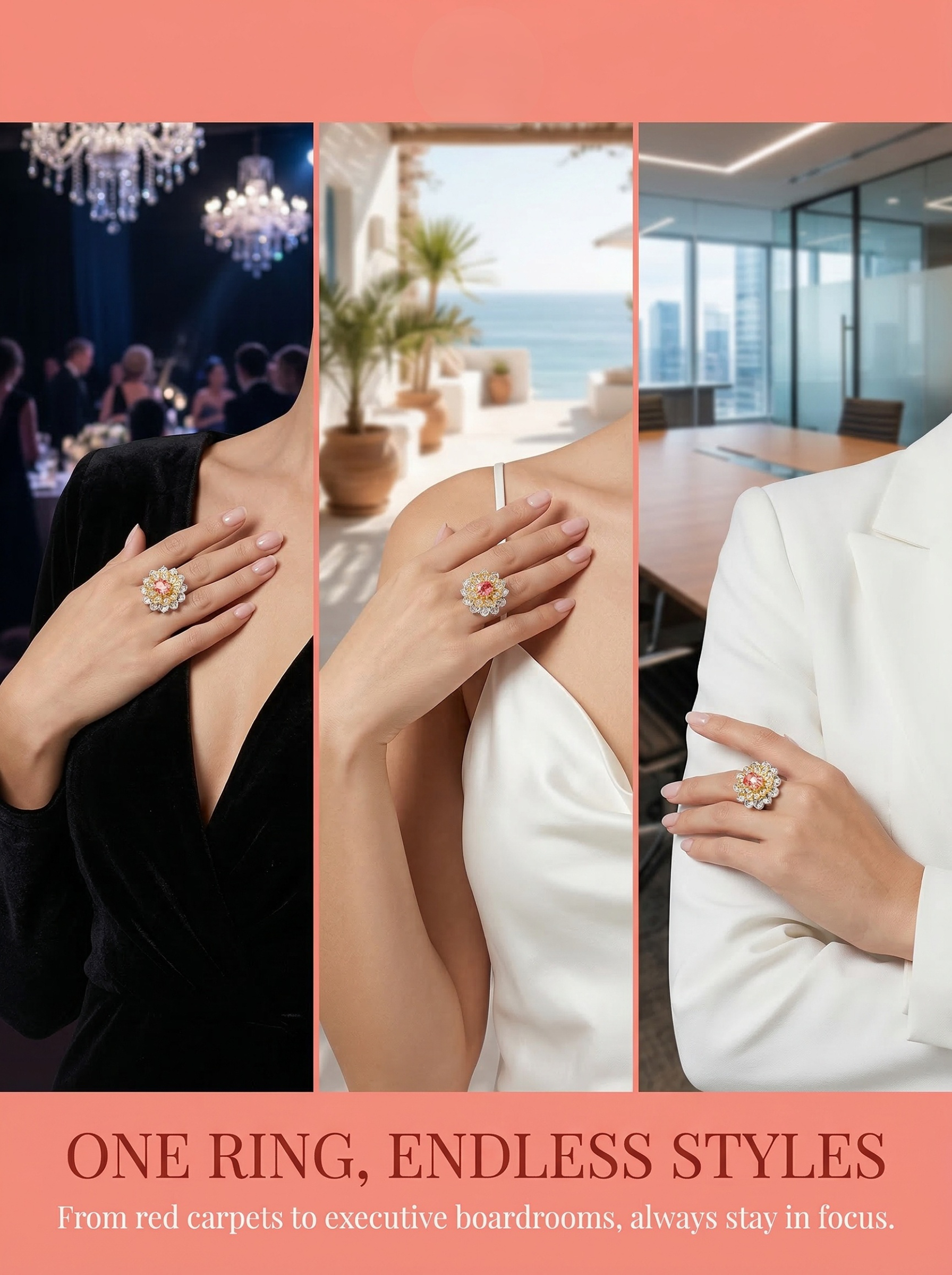 The "Young Girl in Full Bloom" series features a design of blooming chrysanthemums integrated with a design of a gemstone ring that connects one to nature. 