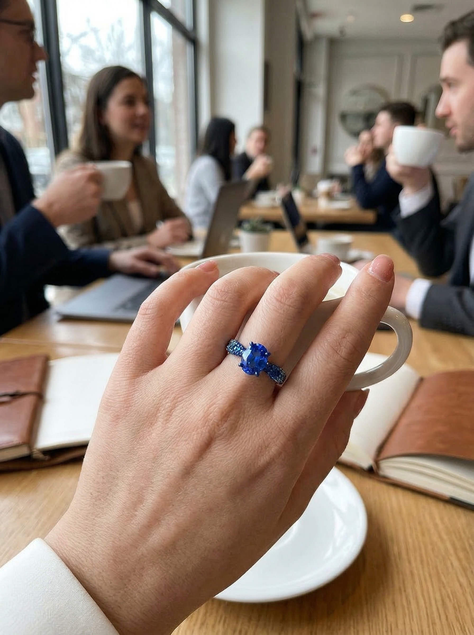 Modern art aesthetic cultivation of the Kashmirian iridescent gradient craftsmanship creates a dazzling professional-grade sapphire ring. 