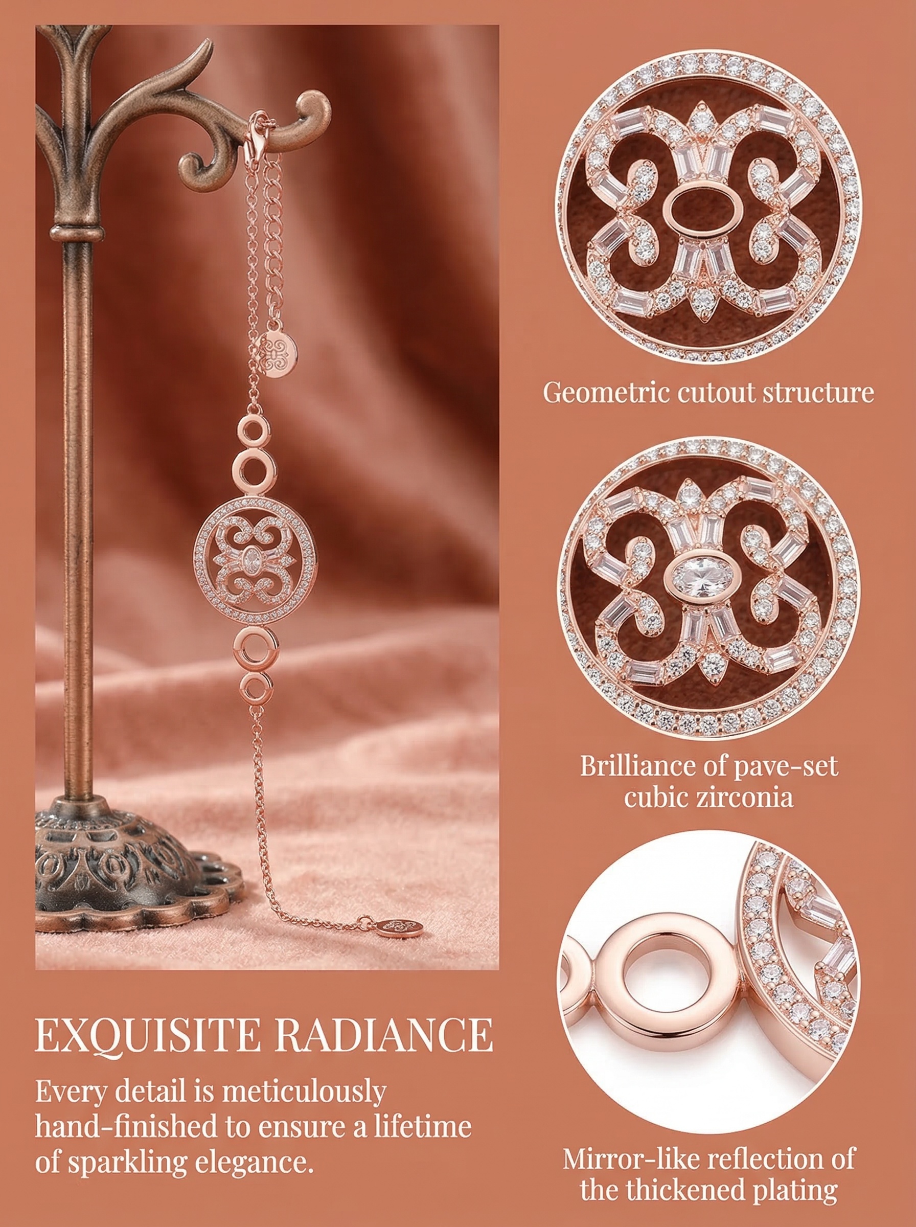 Victoria Court Style Young Princess Pink Rose Gold Hollowed-Out Floral Artistic Bracelet 