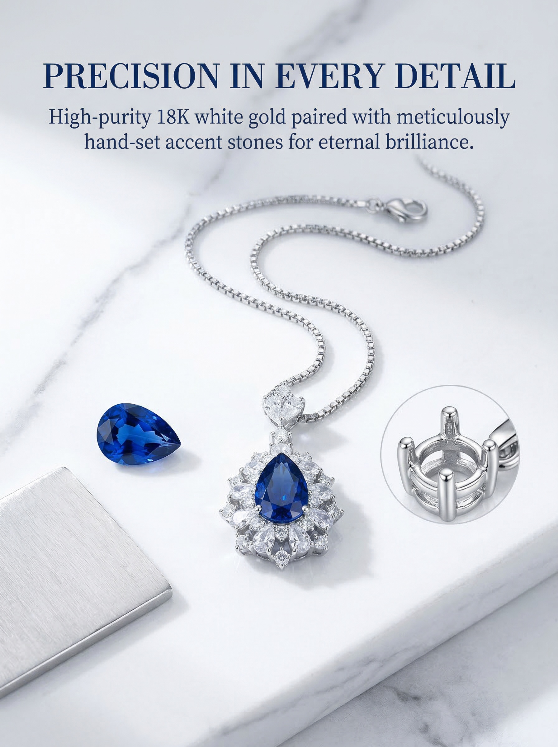 Court banquet style fashionable drop-shaped blue sapphire star-shaped diamond embellished pendant necklace-5 carats 