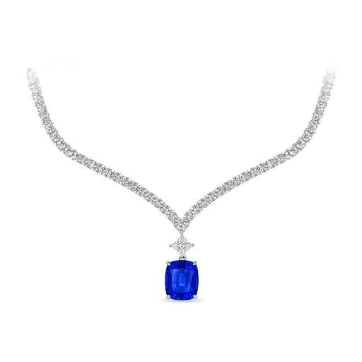 Modern Aesthetic Design Series "Starry Sky" Royal Blue Sapphire Sparkling Deep Sea Blue Waterdrop V-Shape Diamond Chain Pendant 