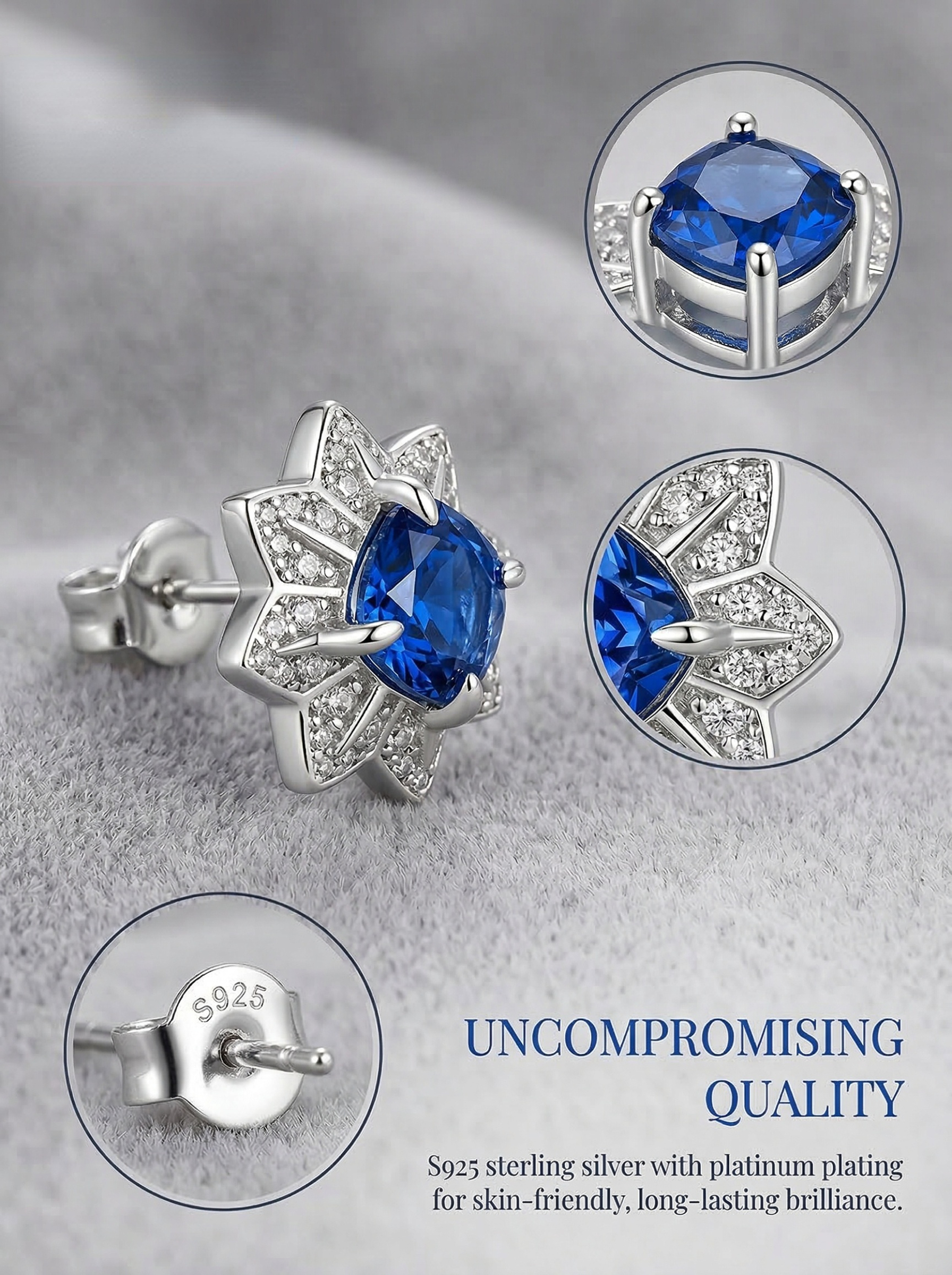 Modern Aesthetic Design Octagonal Star Series Royal Sapphire Natural Brilliant Flower Cluster Earrings 