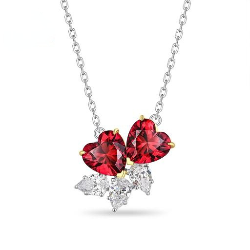 Couple's ideal romanticism double heart ruby zircon pure silver necklace 