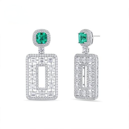 Colombian style classic and noble emerald and sapphire long rectangular stud earrings 